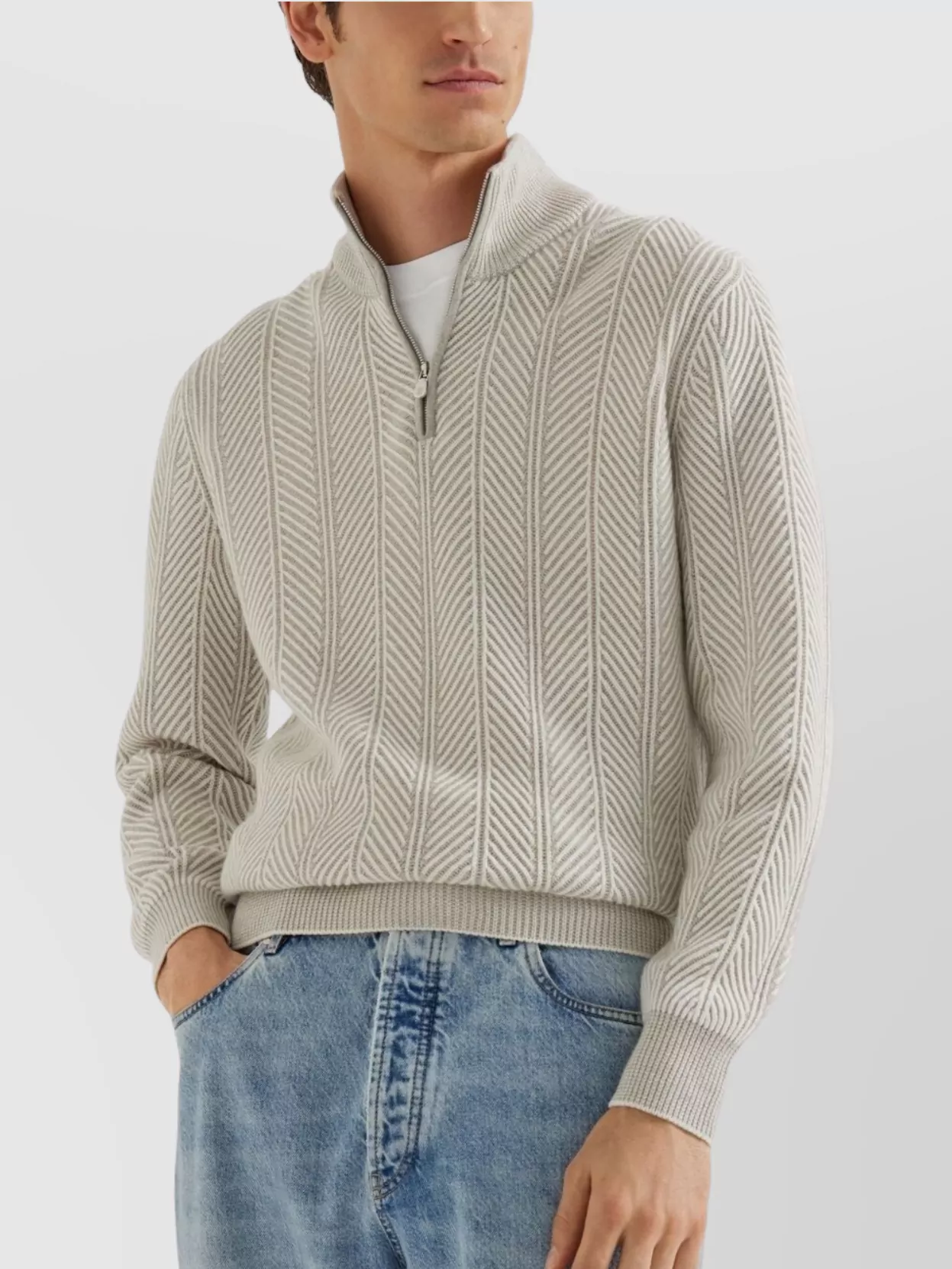 Brunello Cucinelli Textured Half-Zip High Collar Sweater