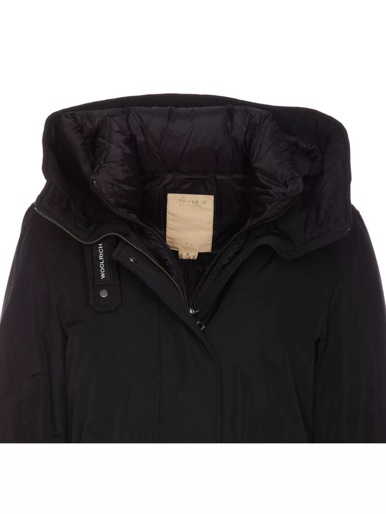 Woolrich Hooded Coat With Adjustable Cuffs And Drawstring Waist In Black