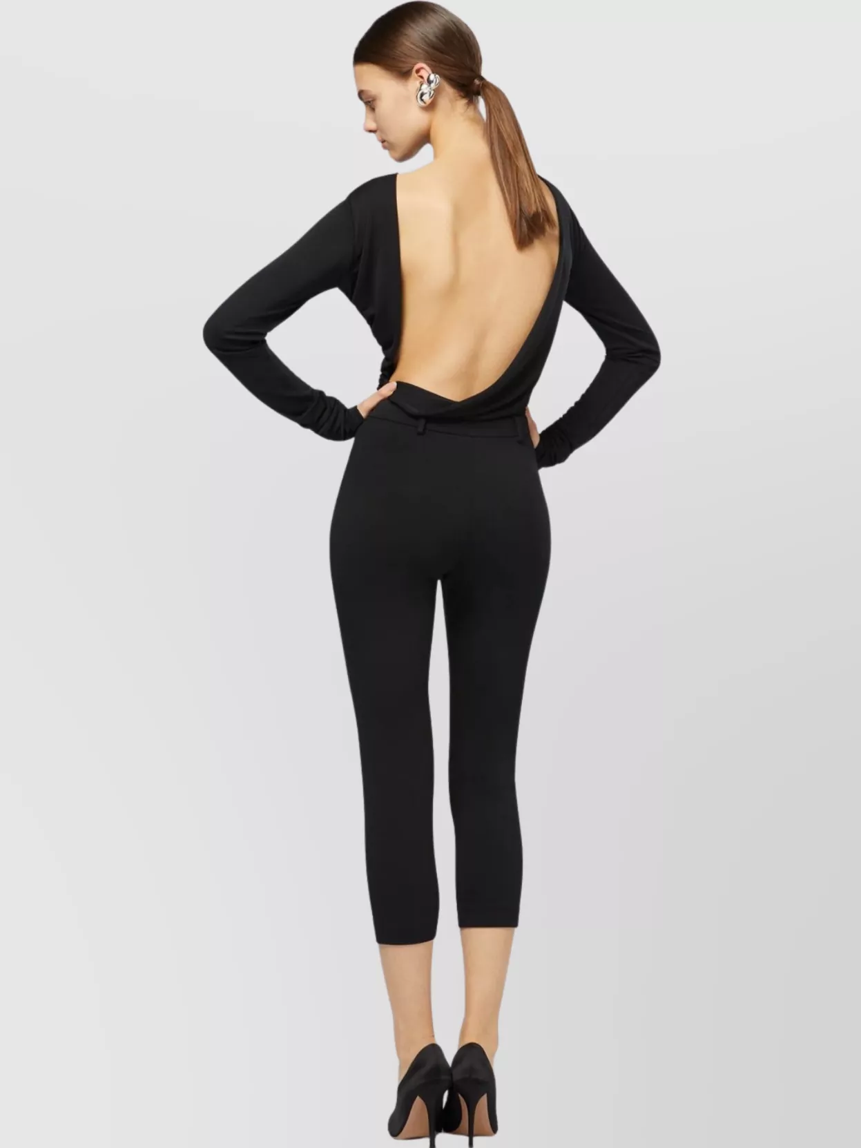 The Andamane Draped Detail Long Sleeves Open Back Bodysuit In Black