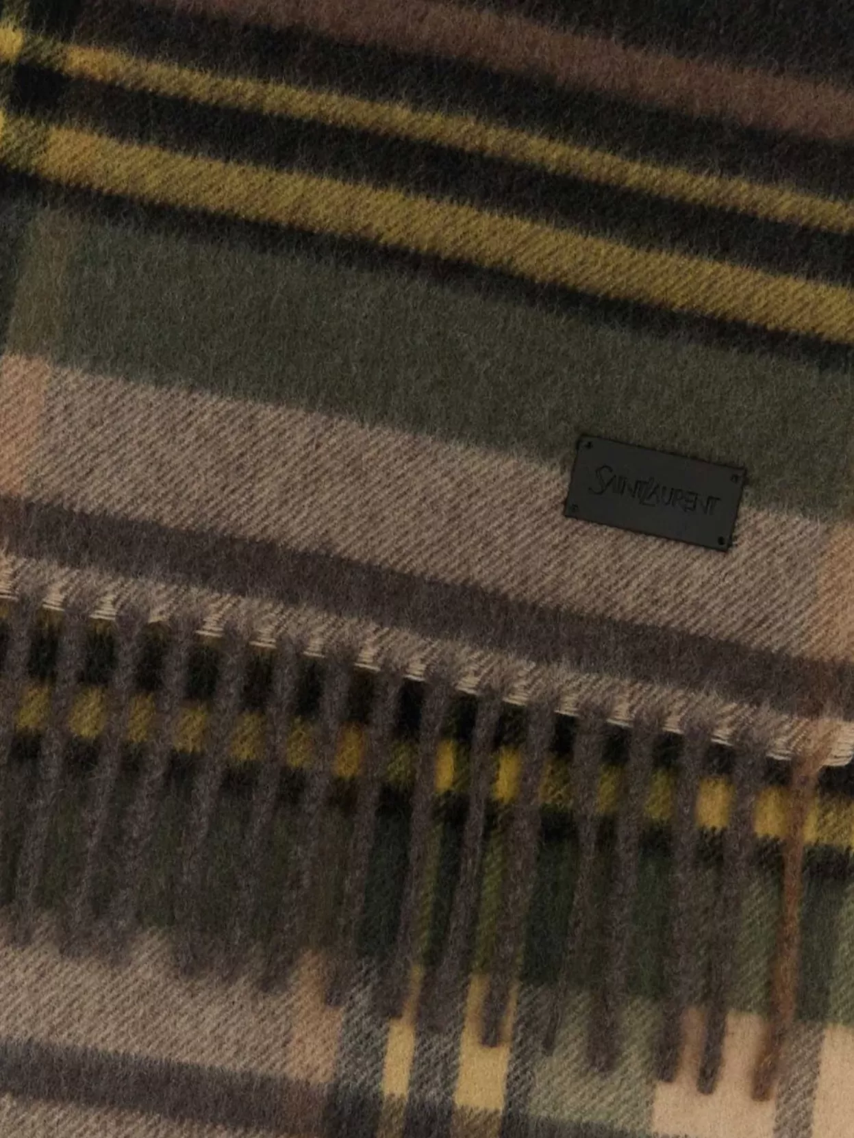 Saint Laurent Cashmere Blend Scarf With Fringe And Plaid In Brown