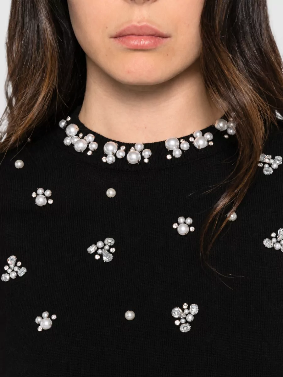 Alice + Olivia Wool Crystal-Embellished Faux-Pearl Crew-Neck Sweater