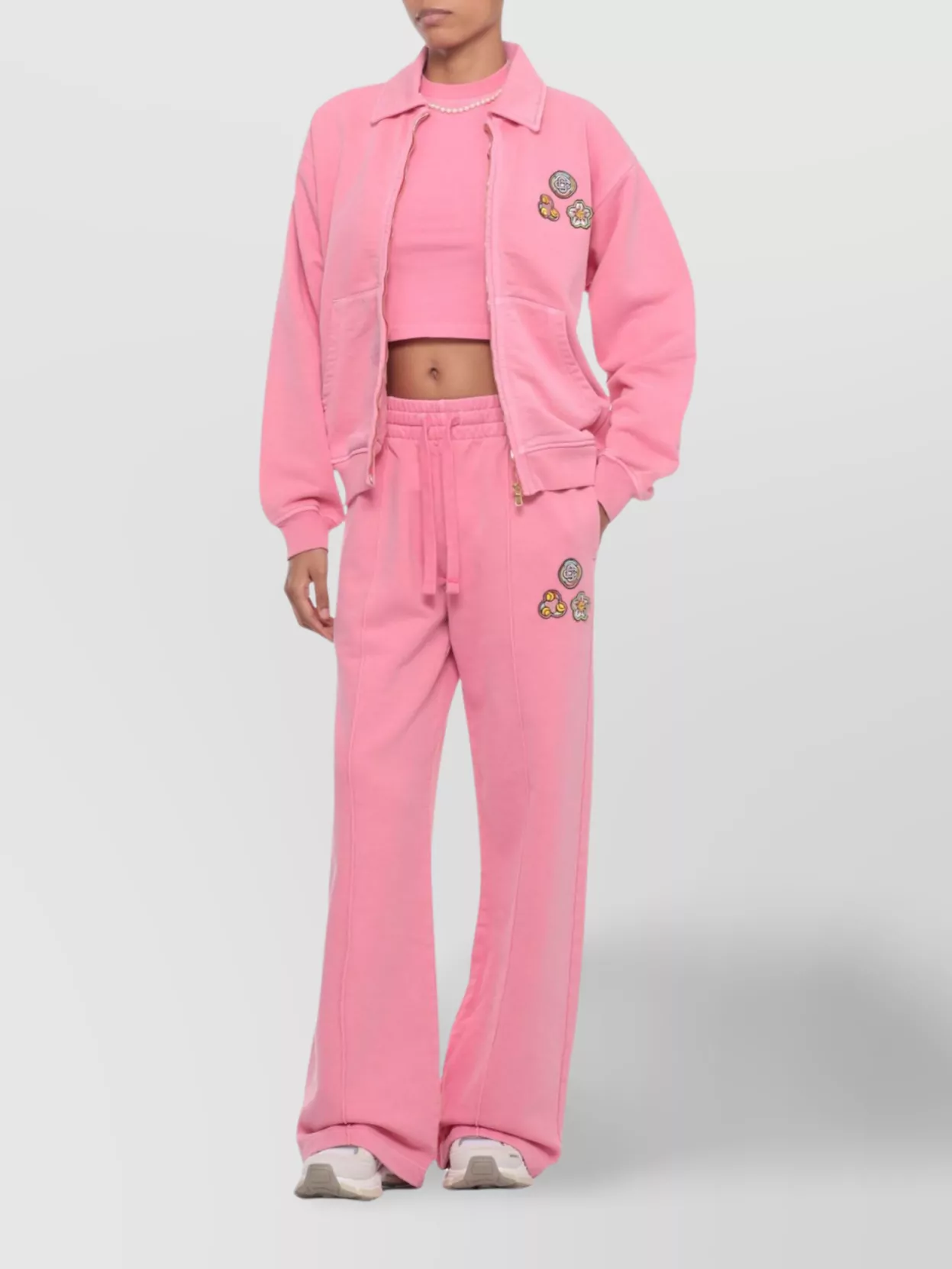 Casablanca Relaxed Wide-leg Cotton Pants With Embroidered Patches In Pink
