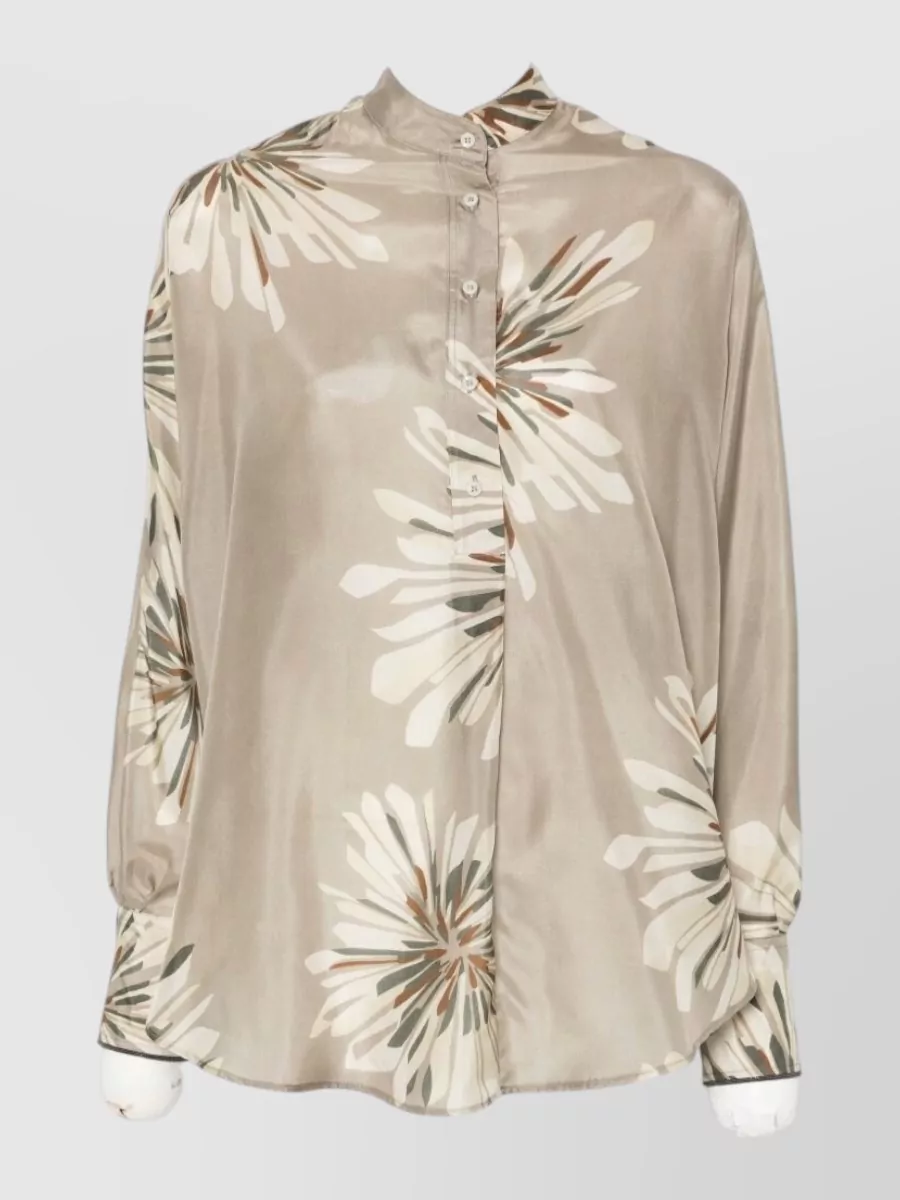 Brunello Cucinelli Silk Floral Print Long Sleeve Shirt
