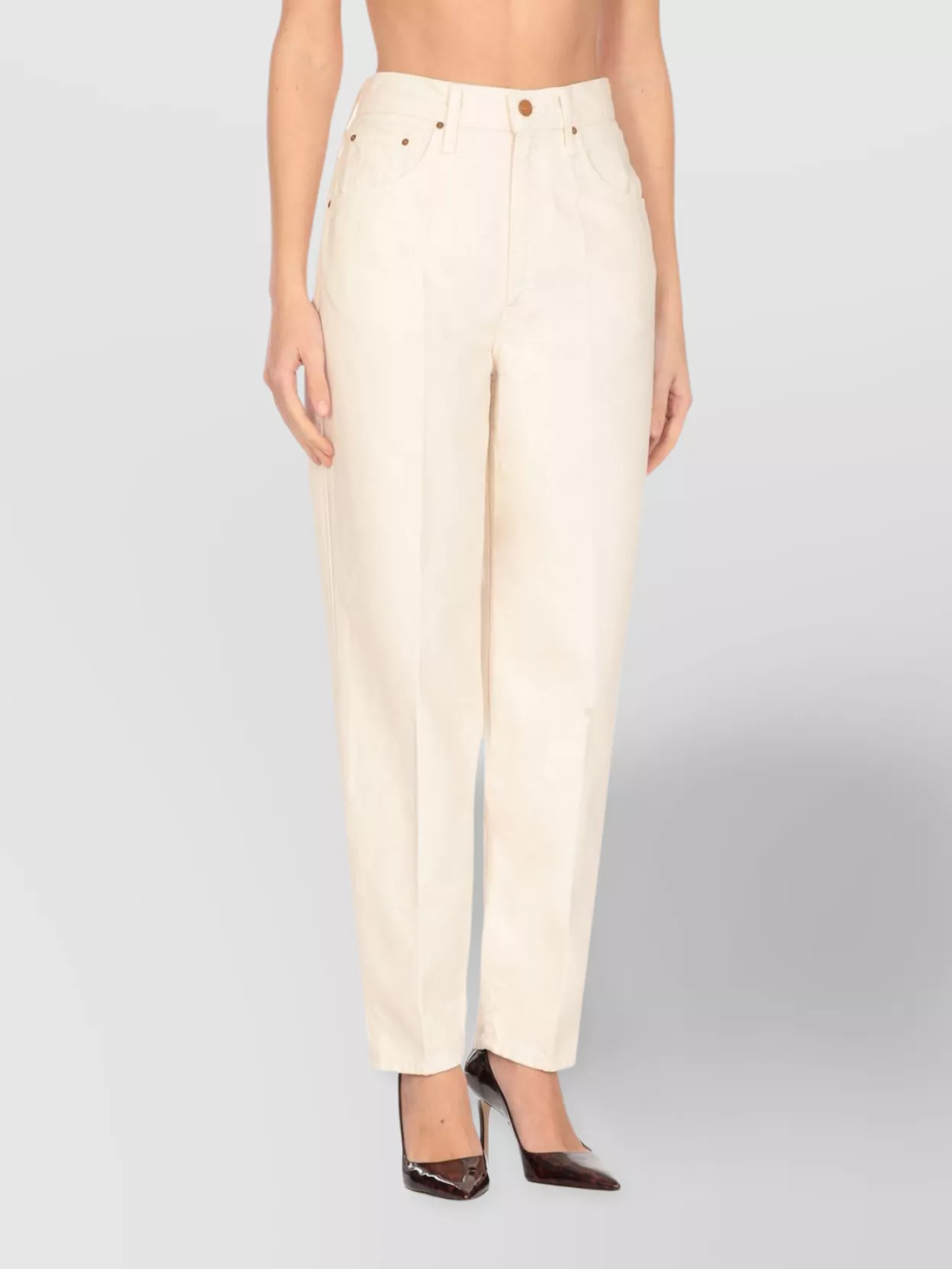 Mother Straight Cotton Blend Trousers With Five Pockets In White