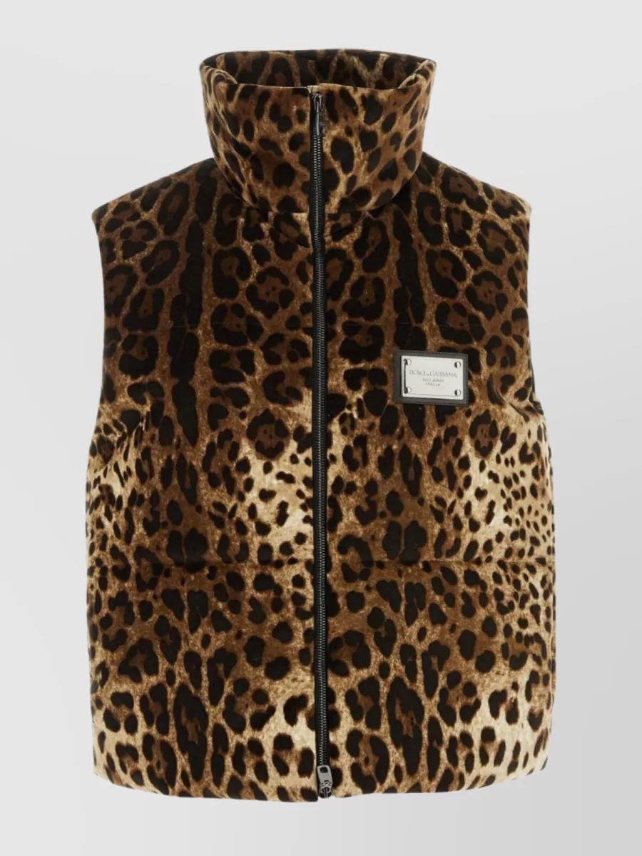 Shop Dolce & Gabbana Collared Sleeveless Padded Jacket With Animal Print In Brown