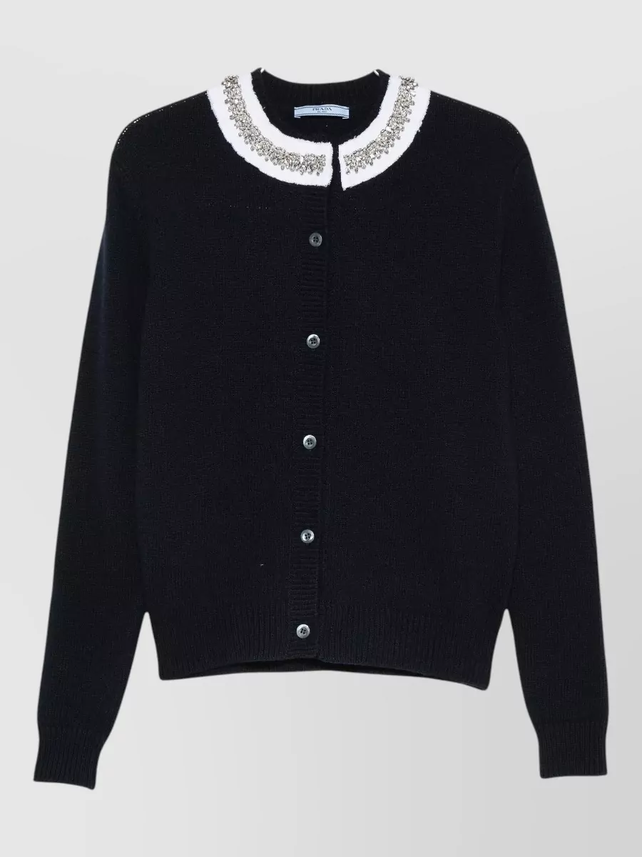 Prada crystal embellished ruffled wool cashmere cardigan