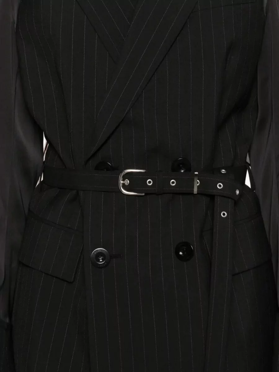 Sacai Stripe Jacket Belted Waist Notched Lapels Sheer Sleeves