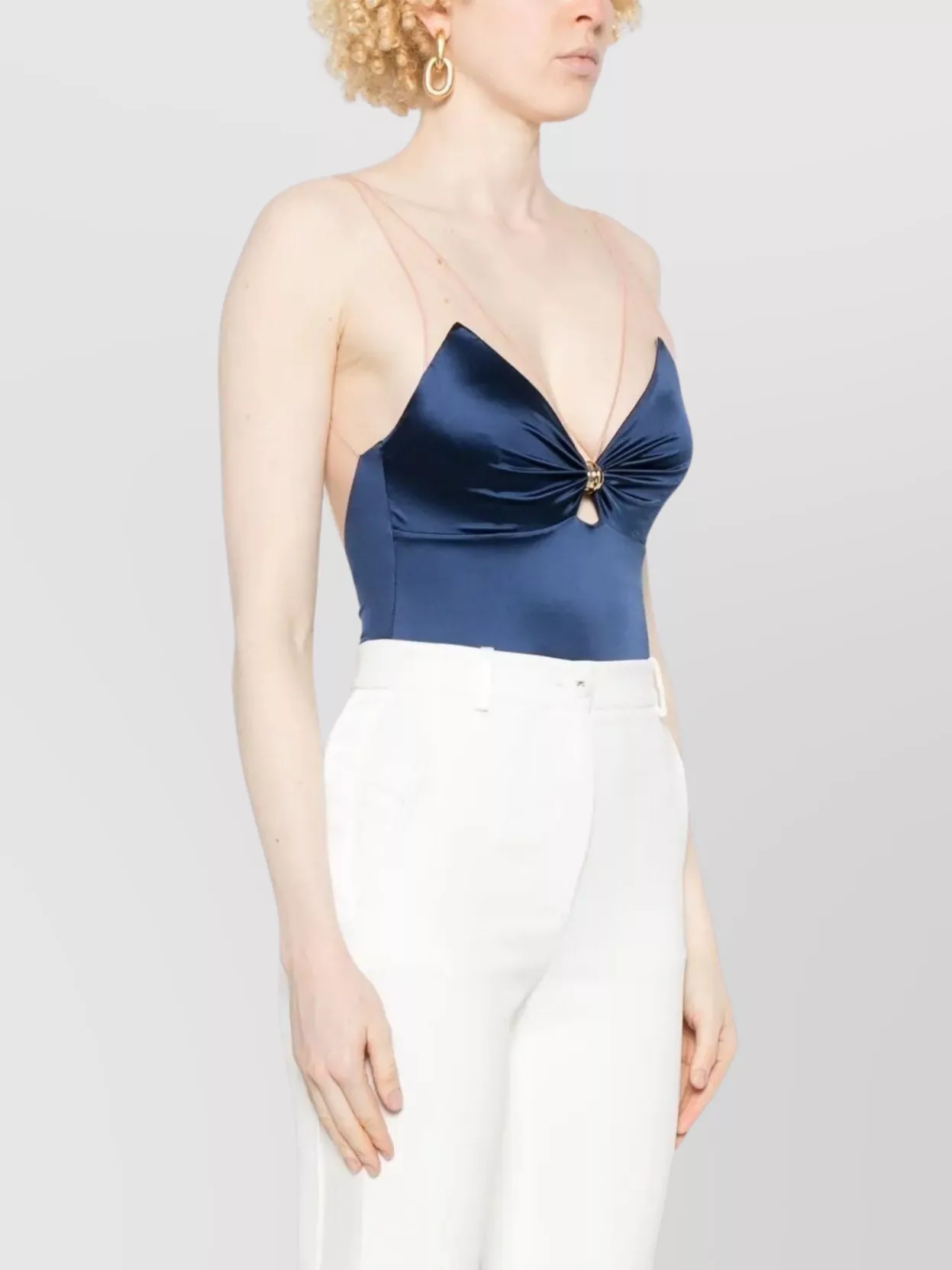 Elisabetta Franchi Sheer Back Ruched Bodysuit With Ring Embellishment In Blue