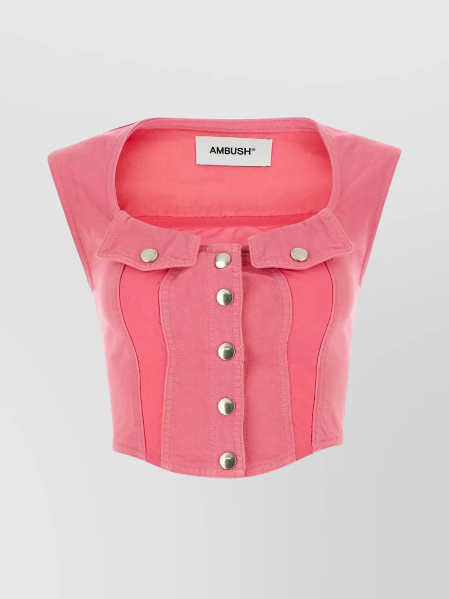 Shop Ambush Denim Crop With Stitching And Collar In Pink