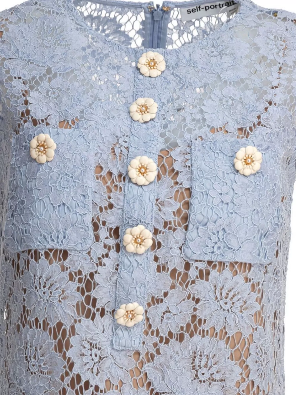 Shop Self-portrait Buttoned Floral Lace Dress With Sheer Overlay
