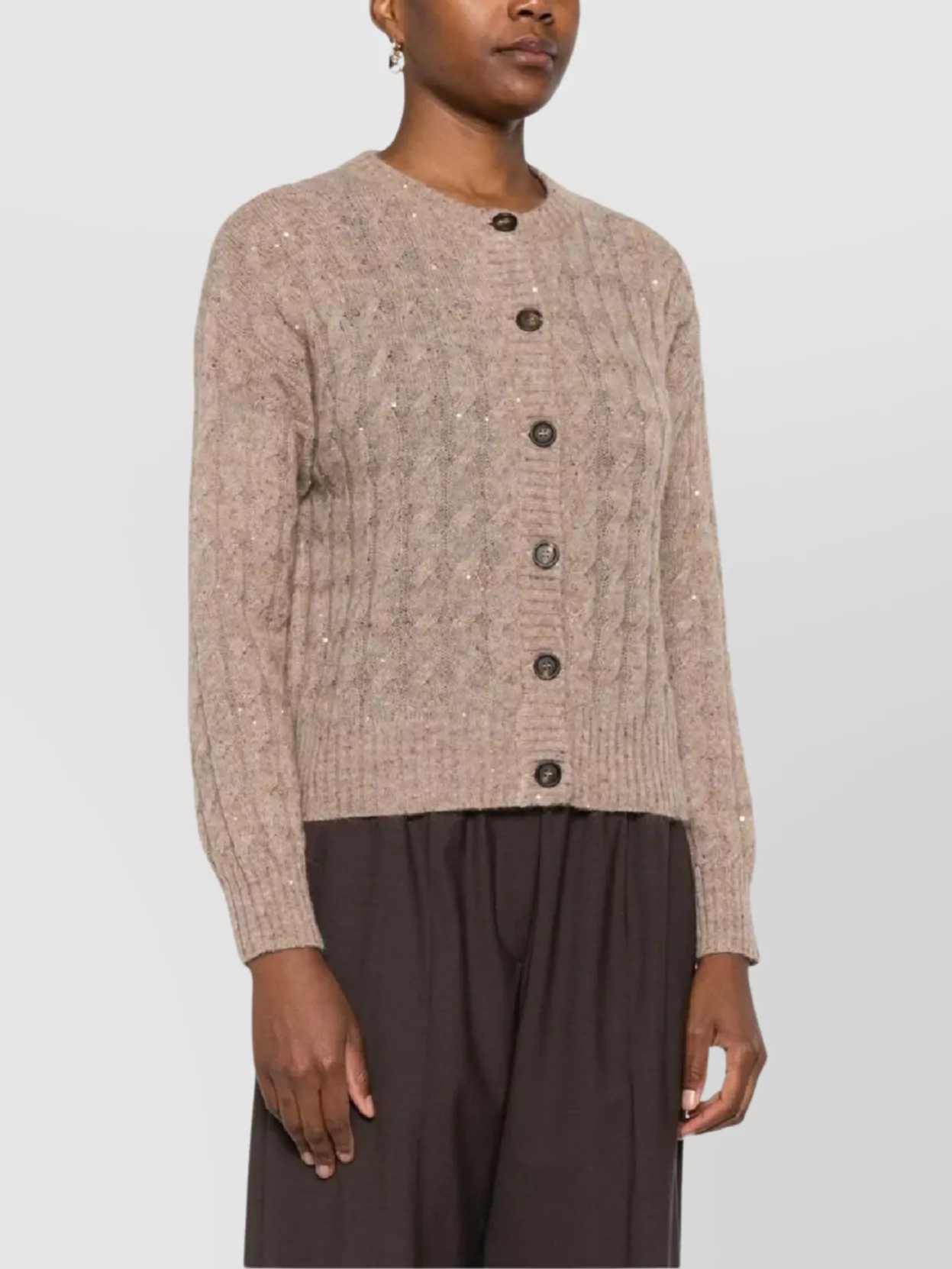 Brunello Cucinelli Sequin-embellished Cable-knit Cardigan In Brown