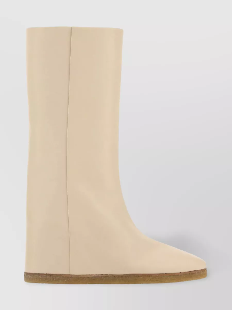 Shop Chloé Leather Knee Boots With Pointed Toe And Flat Sole In Cream