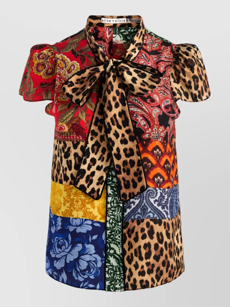 Alice + Olivia silk printed pussy-bow short-sleeve shirt