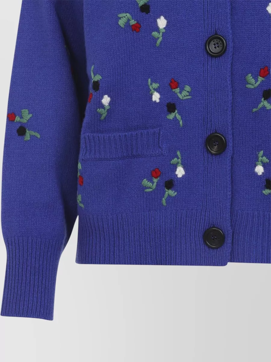 Marni Cashmere Wool Floral Embroidered Ribbed V-Neck Cardigan