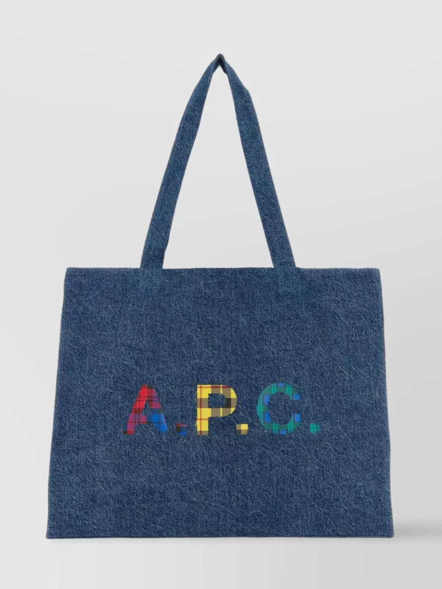 Shop Apc Rectangular Denim Tote With Two Handles In Blue