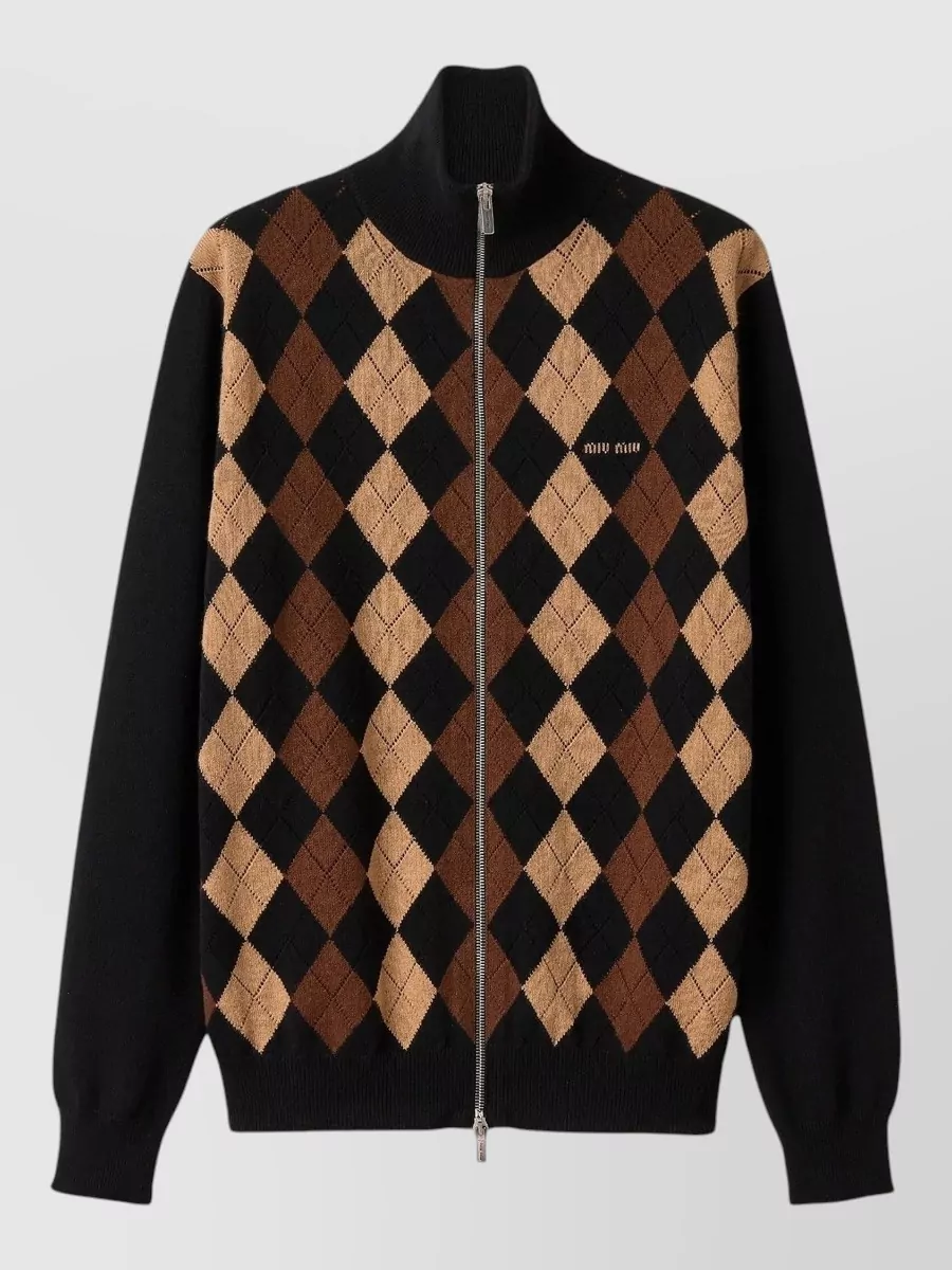 Miu Miu cashmere ribbed argyle oversized turtleneck cardigan