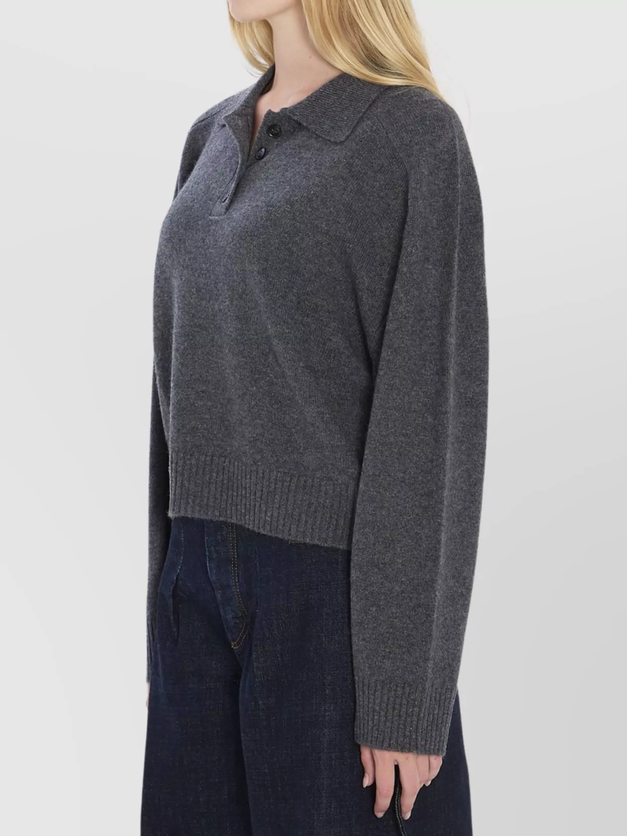 Loulou Studio Cashmere Polo With Long Sleeves And Collar In Gray