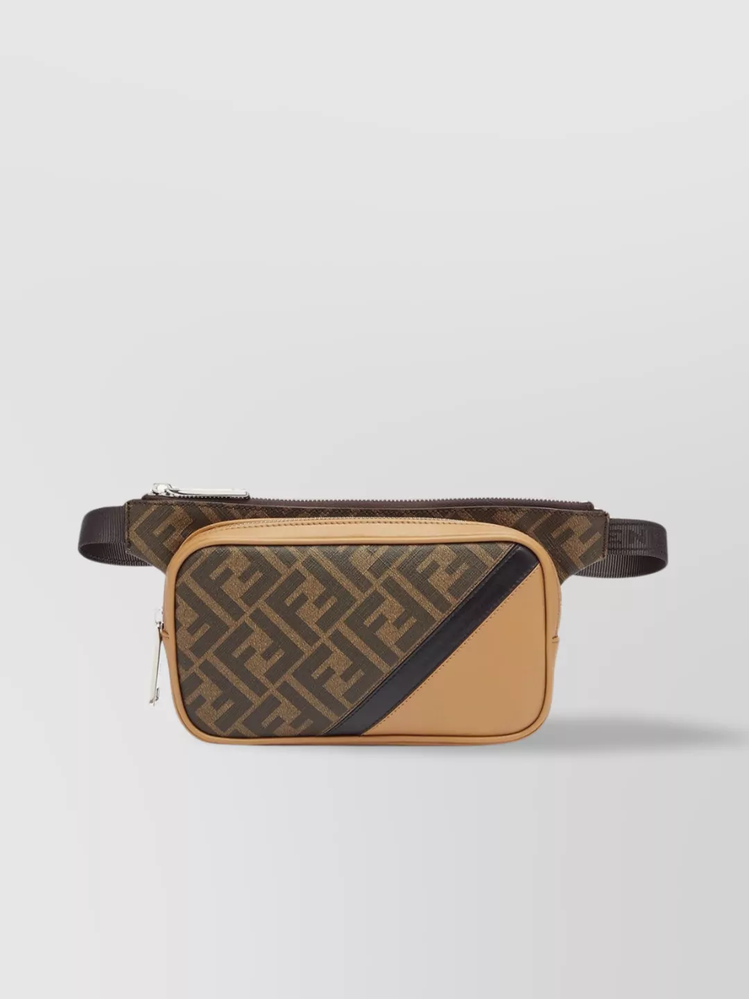 Shop Fendi Diagonal Belt Bag With Ff Fabric And Leather Insert In Brown