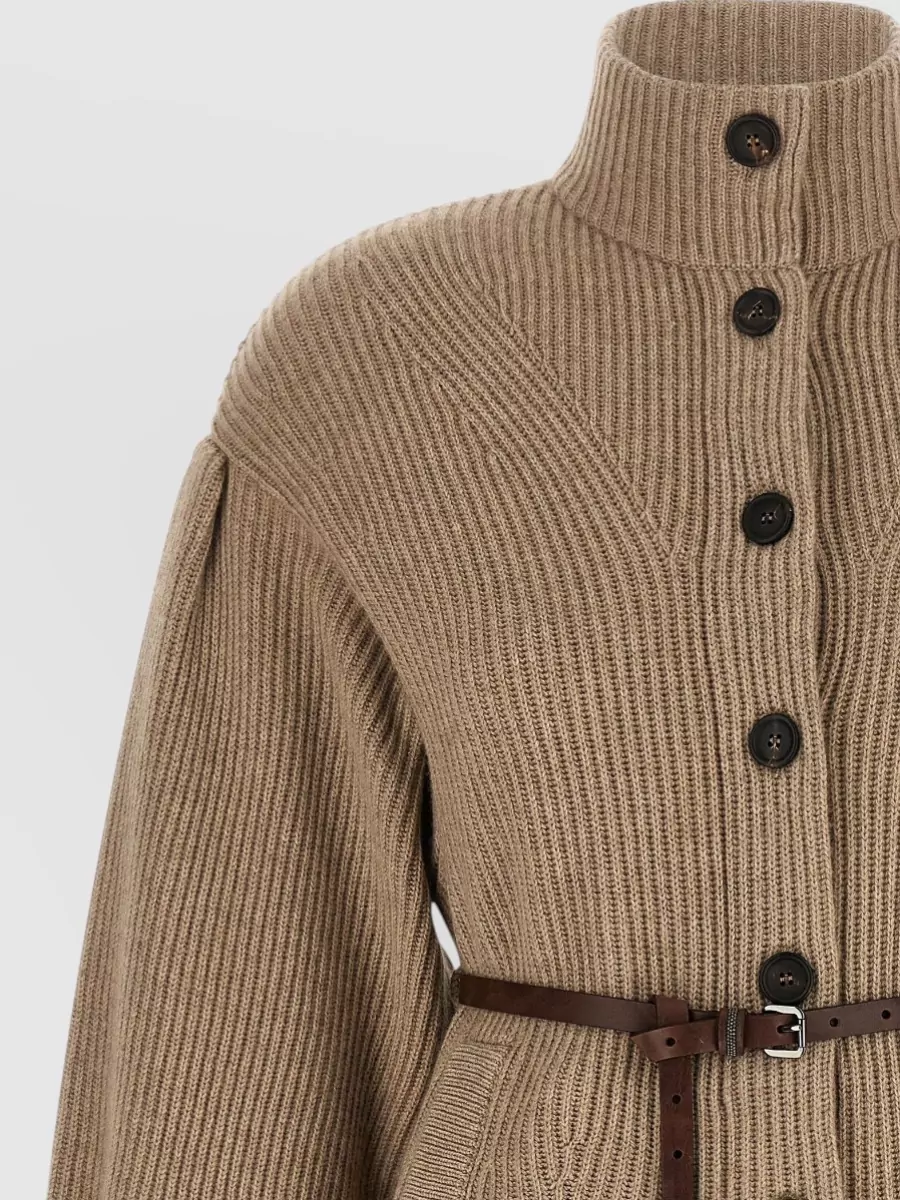 Brunello Cucinelli Cashmere Wool Silk Ribbed Belted High Neck Cardigan