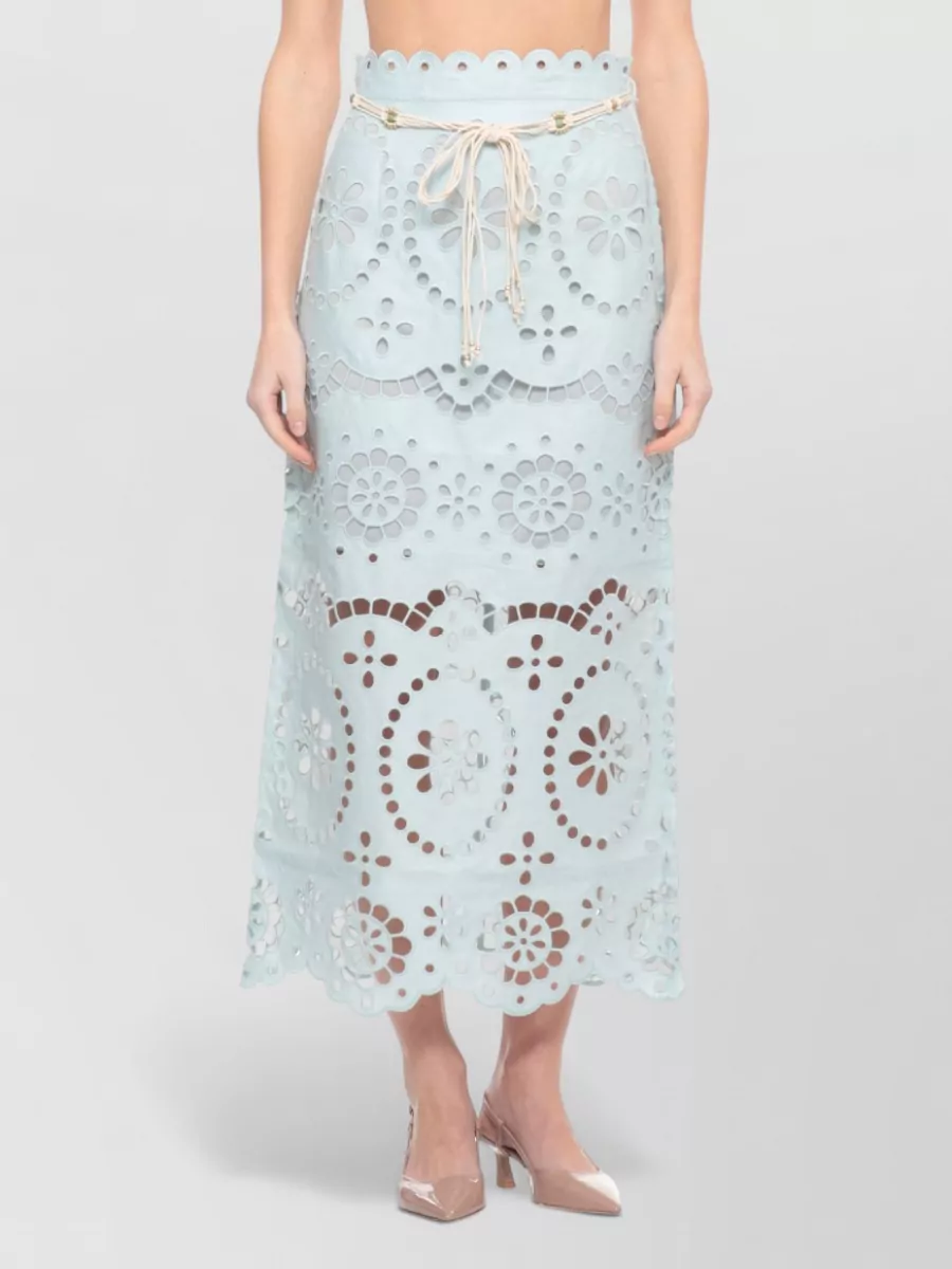 Zimmermann Linen Embroidered High-Rise Midi A-Line Skirt