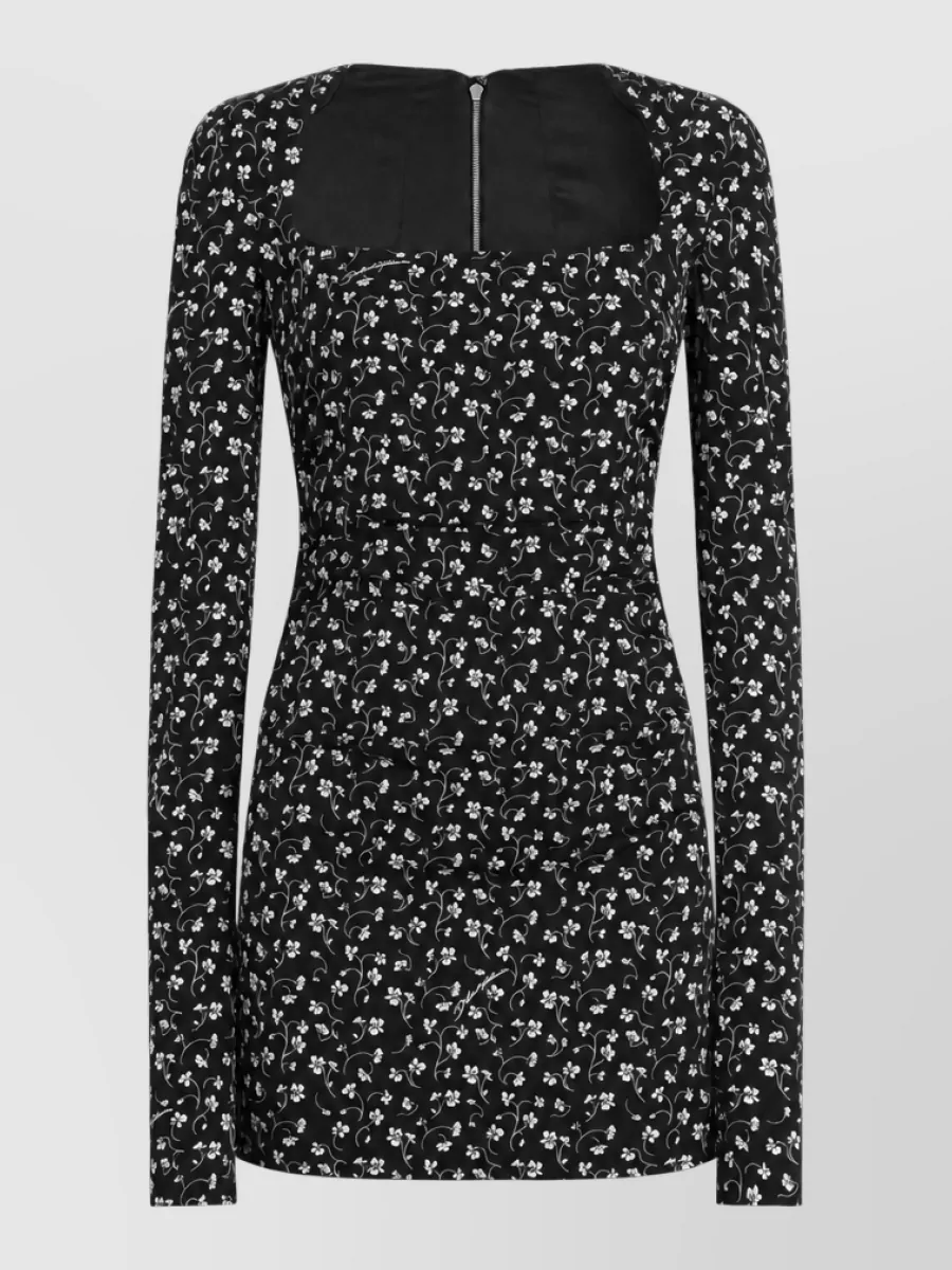 Dolce&Gabbana Silk Floral-Print Draped Square-Neck Long-Sleeve Mini Dress