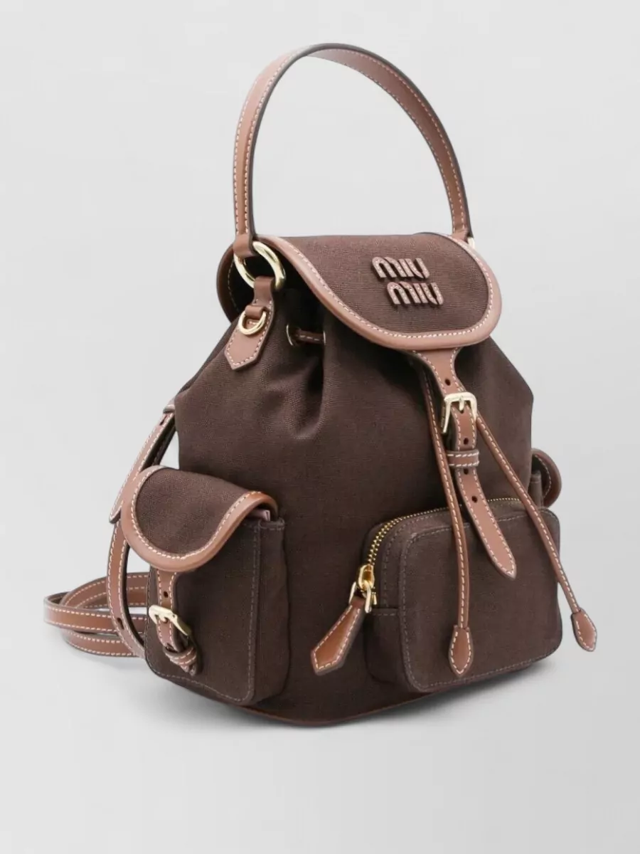 Miu Miu Medium Canvas Leather Backpack Top Handle In Brown