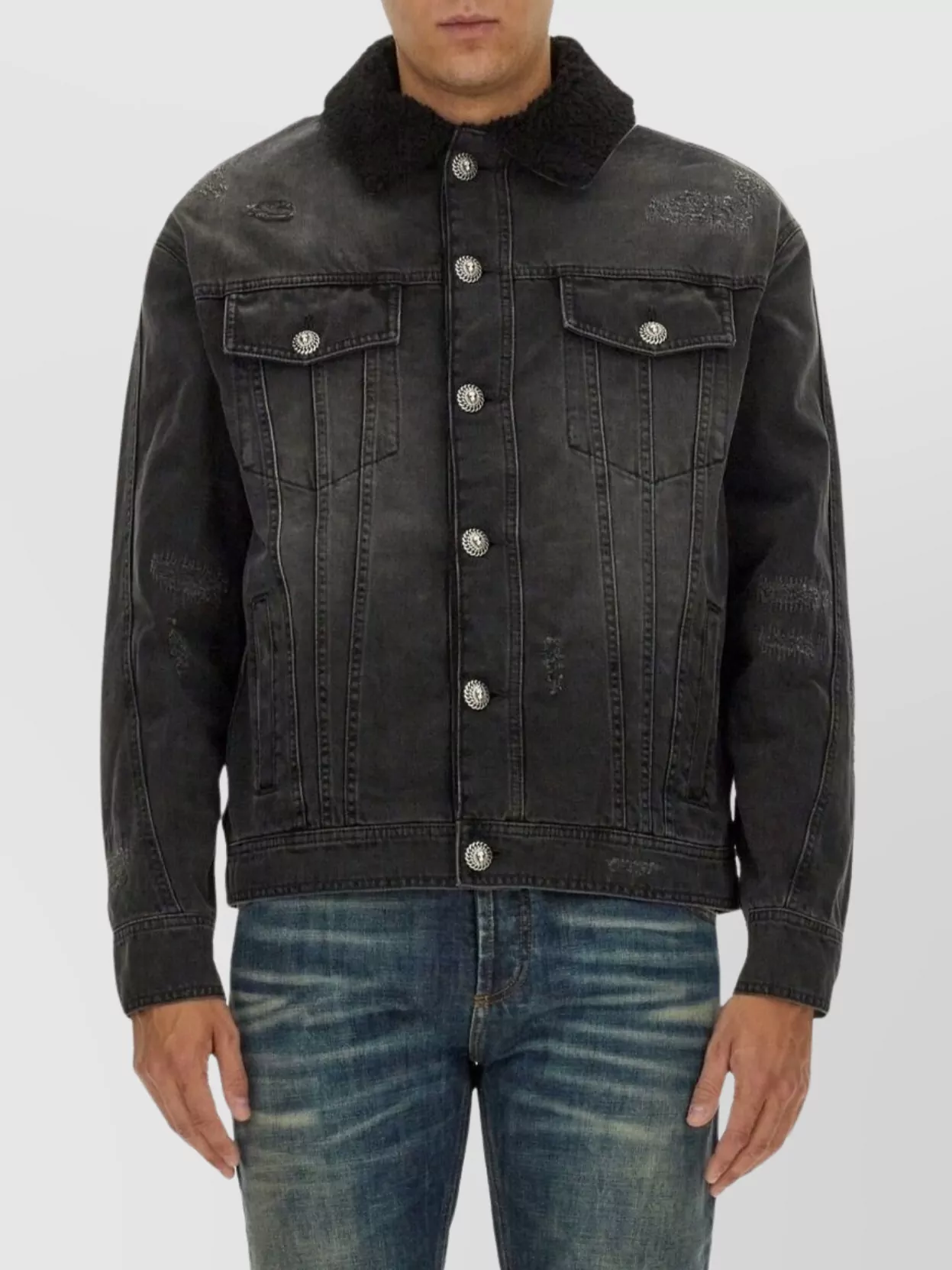 Balmain Distressed Shearling Collar Jacket