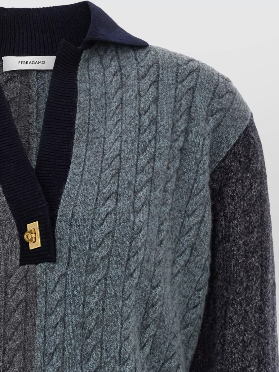 Ferragamo Virgin Wool Color Block Cable-Knit V-Neck Polo Sweater