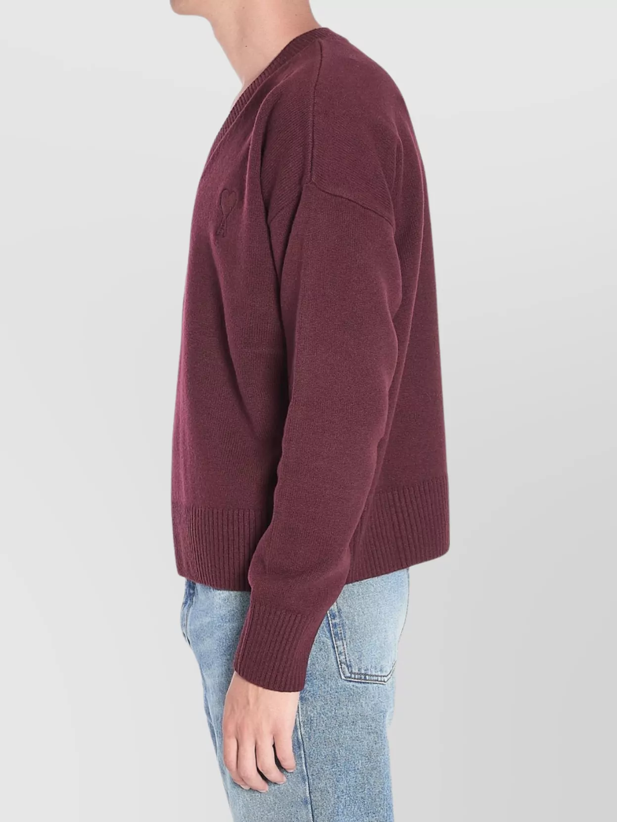 Ami Paris Wool Blend V-Neck Pullover With Ribbed Hem And Cuffs