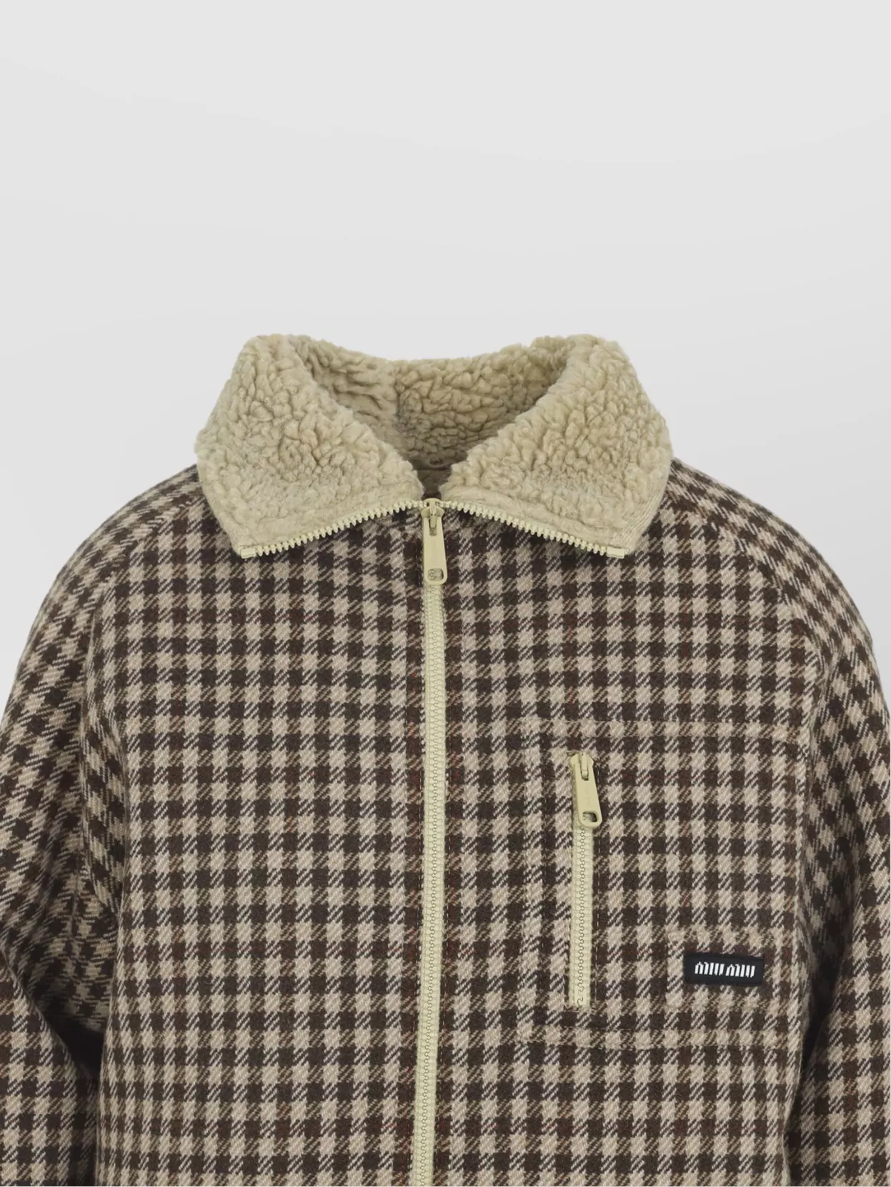 Miu Miu Checkered Long Sleeve Jacket With Shearling Collar
