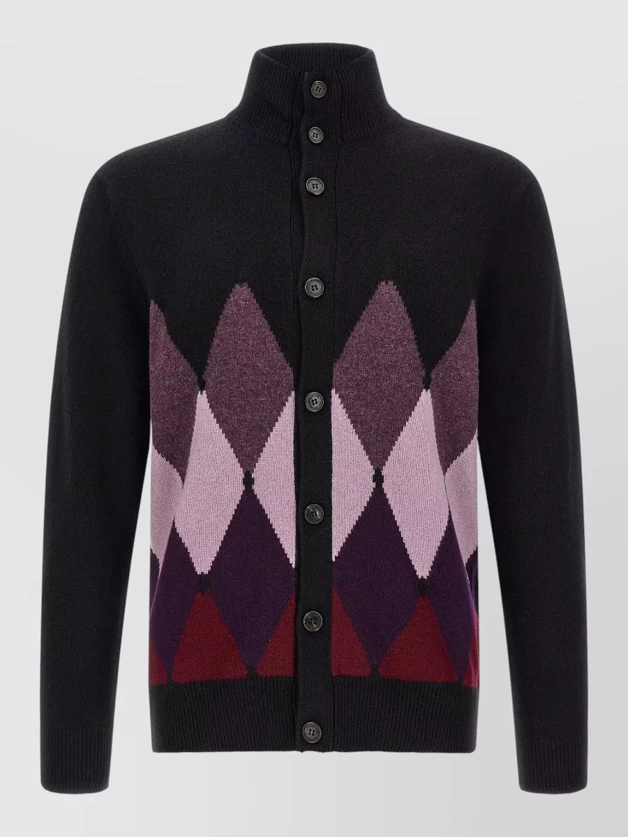 Ballantyne cashmere ribbed high neck diamond intarsia cardigan