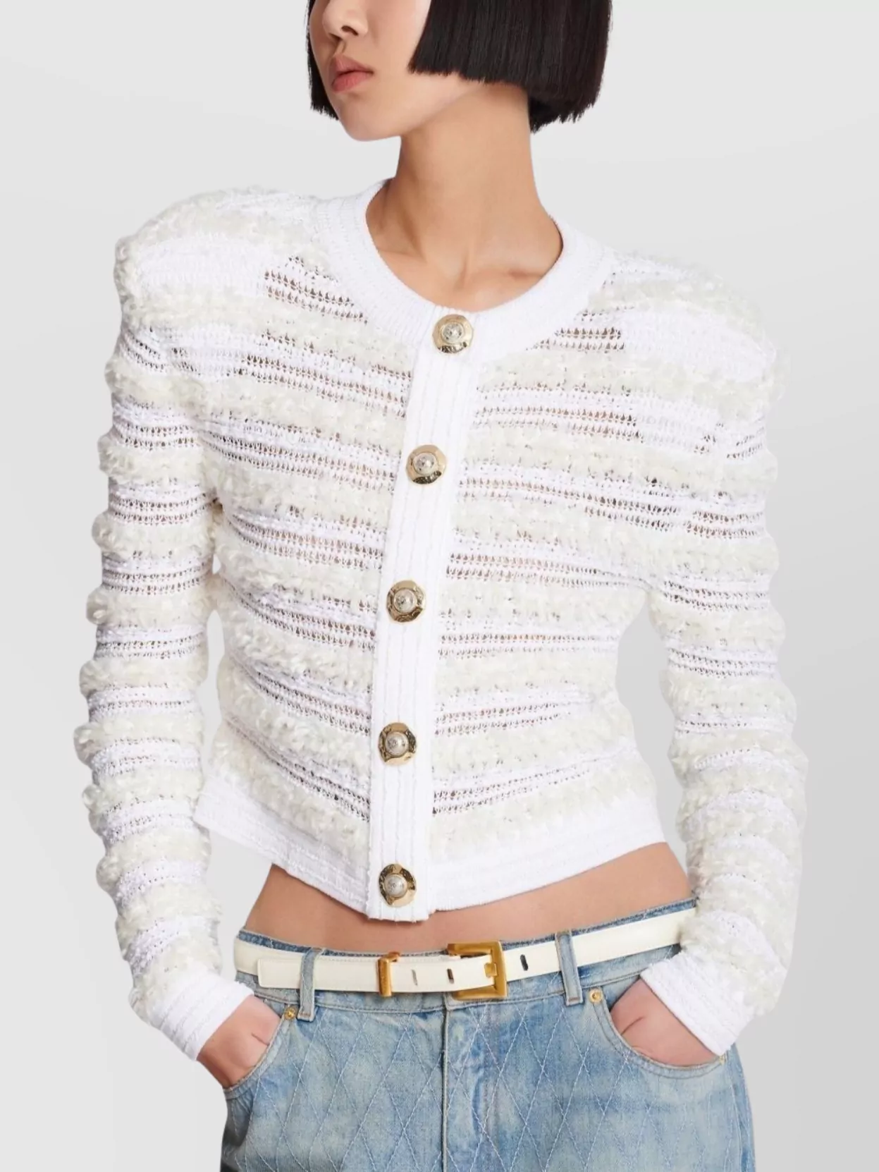 Balmain Tweed Knit Cardigan Featuring Shoulder Pads