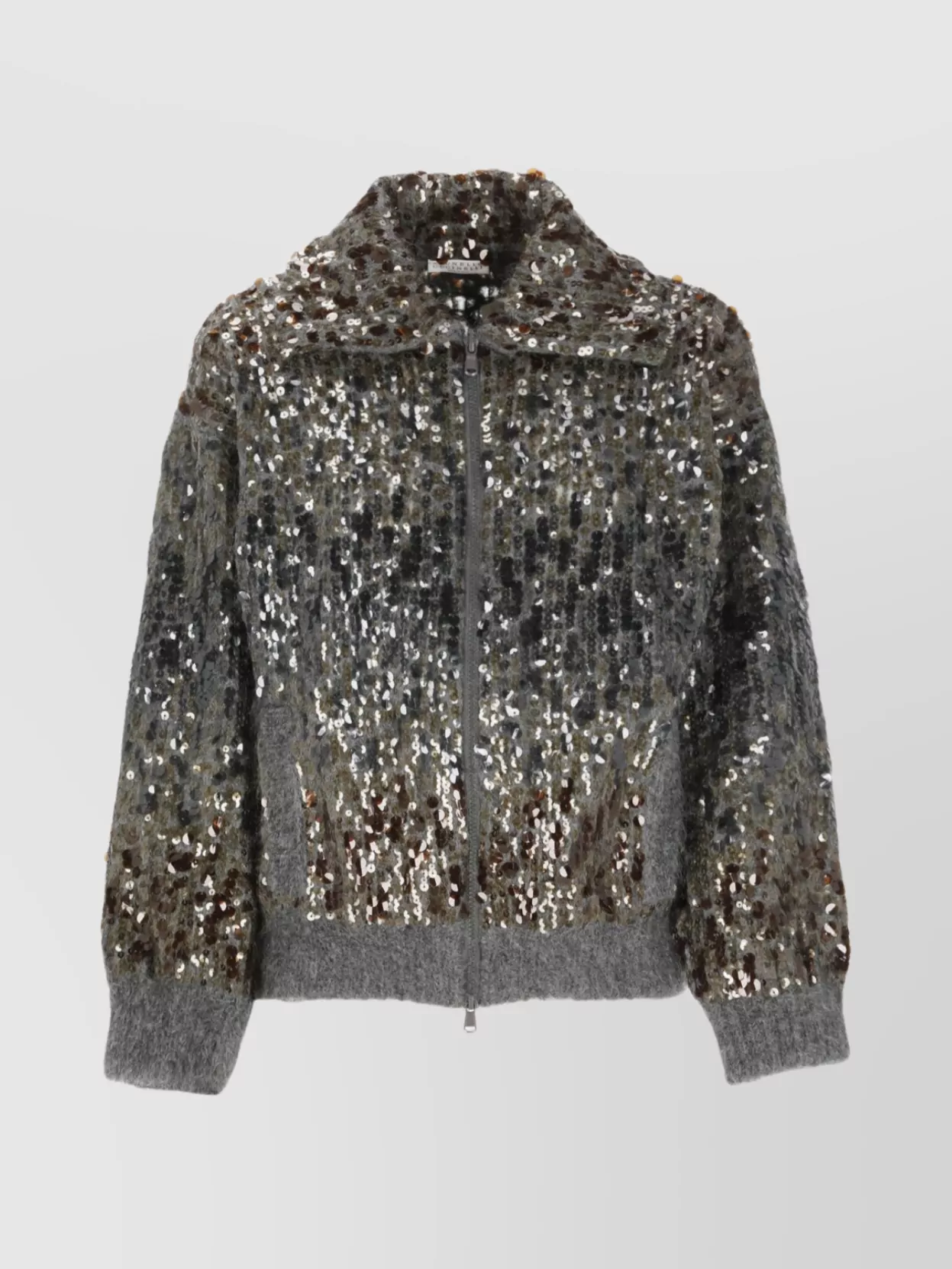 Brunello Cucinelli Sequin Embellished High Neck Cardigan In Gray