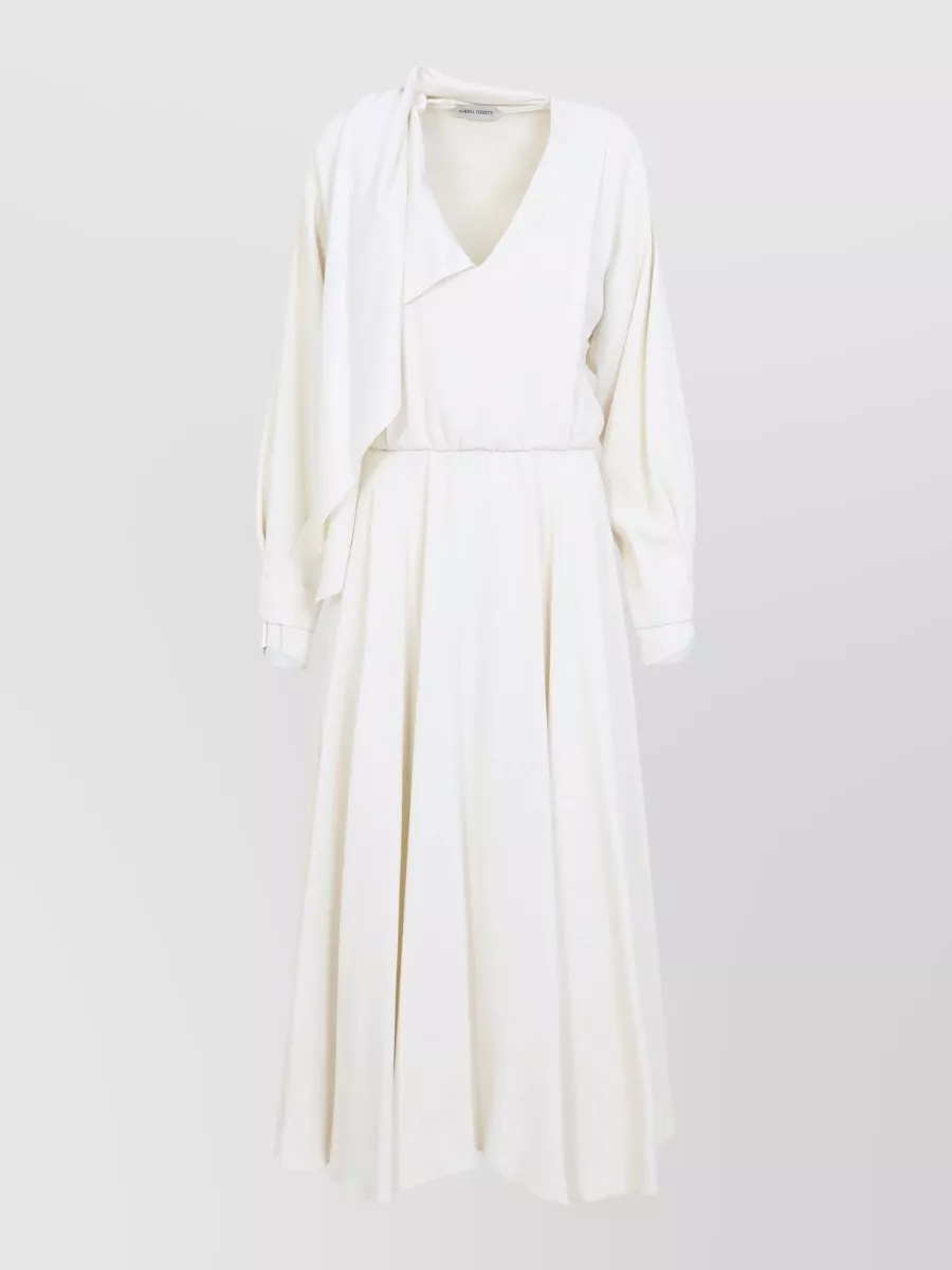 Alberta Ferretti Satin V-Neck Draped Long-Sleeve Wrap Maxi Dress