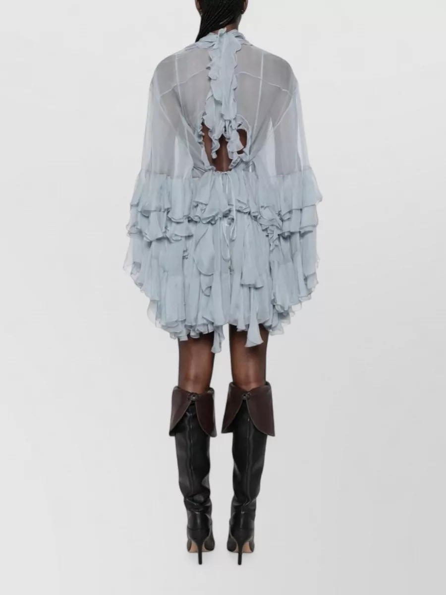 Chloé Silk Ruffled High-Neck Long-Sleeve Mini Dress