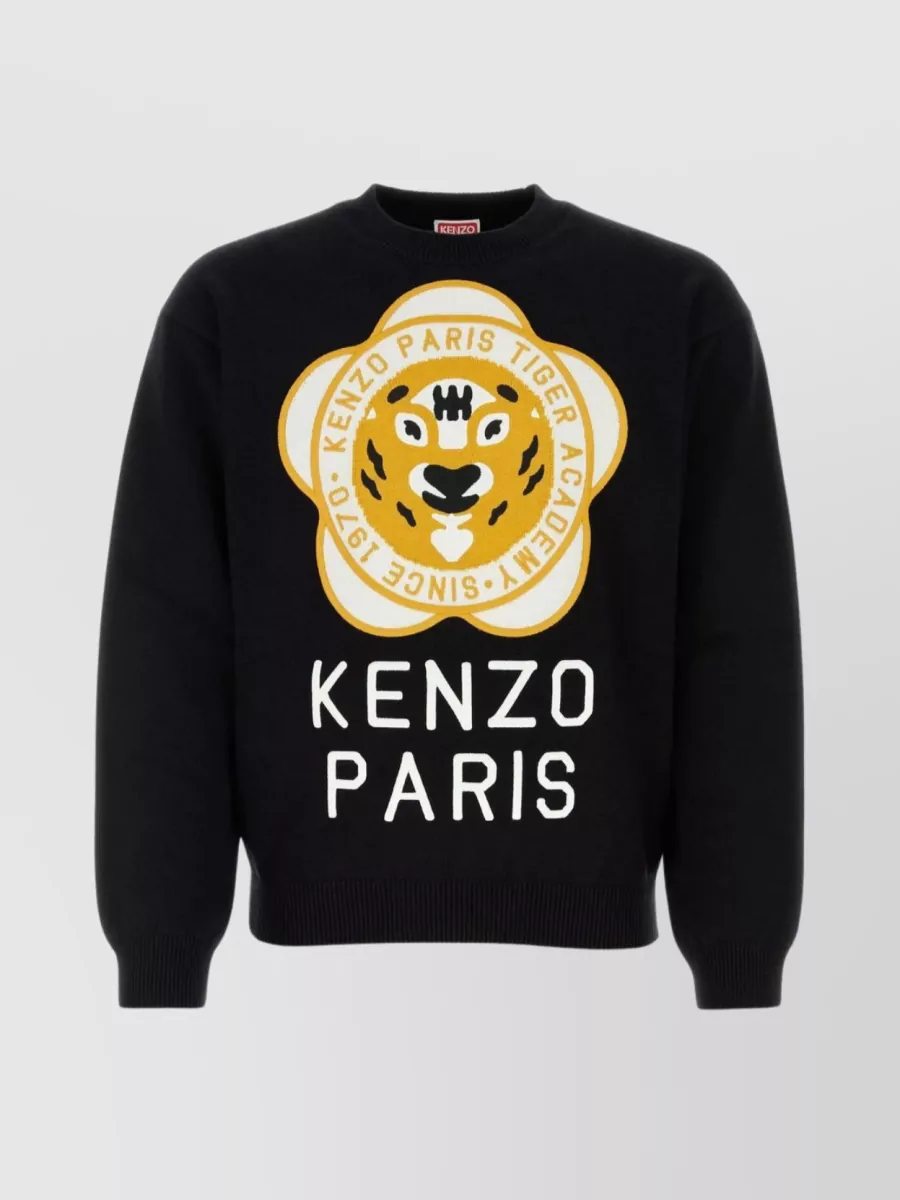 Shop Kenzo Ribbed Knit Crew Graphic Print In Black