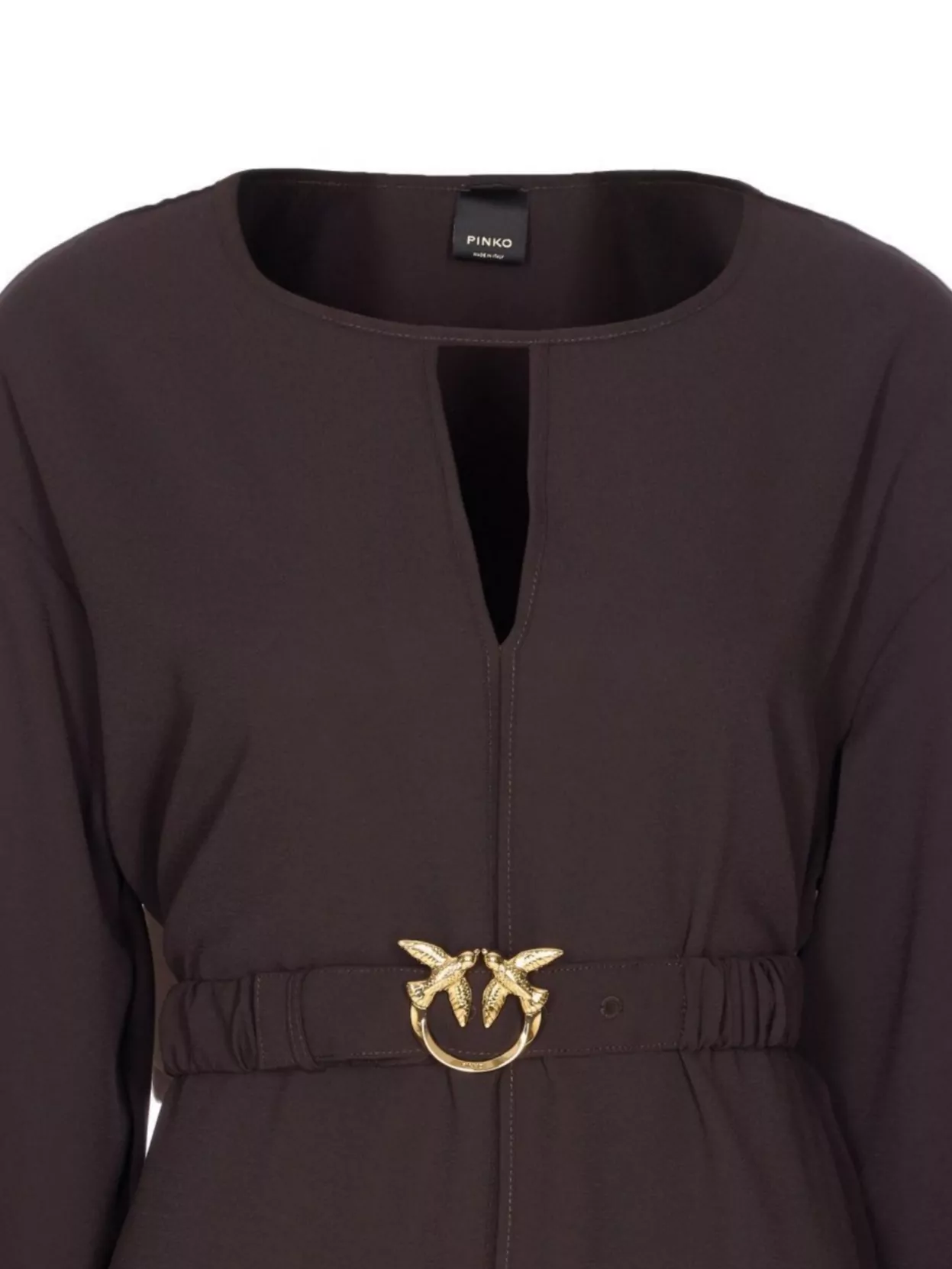 Pinko Love-birds Bucke Belted Crewneck Short Dress In Brown