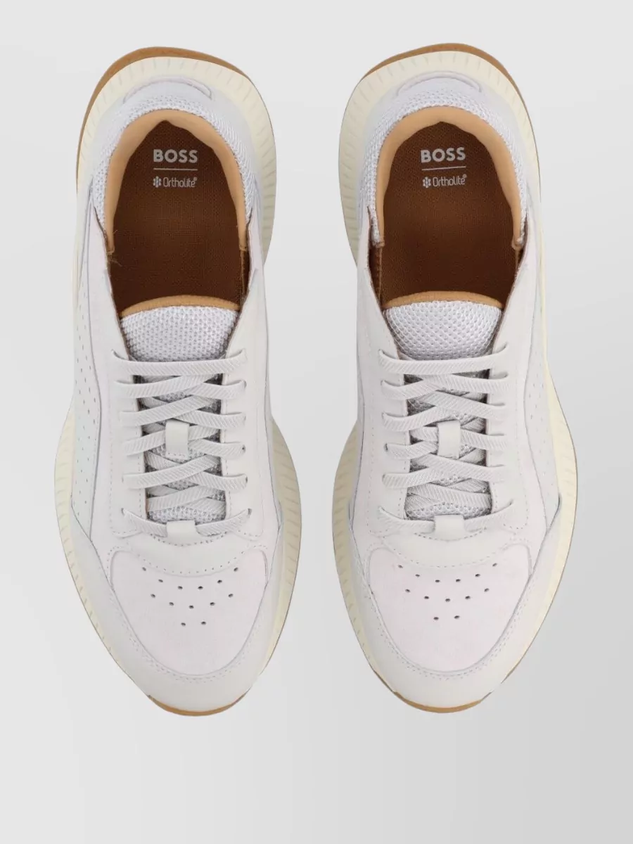 Boss Leather Sneakers Low Profile Contrast Sole Perforated