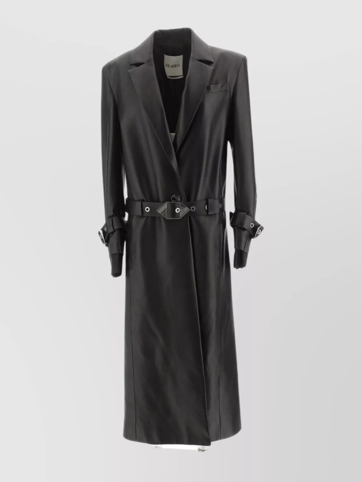 Attico Leather Coat With Buckle Strap Cuffs In Black