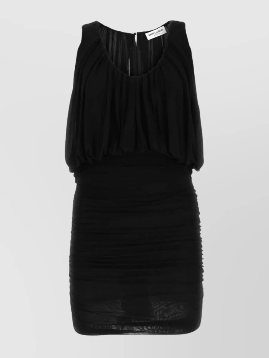 Shop Saint Laurent Cupro Mini Dress With Draped Top And Sheer Shoulder Panels In Black