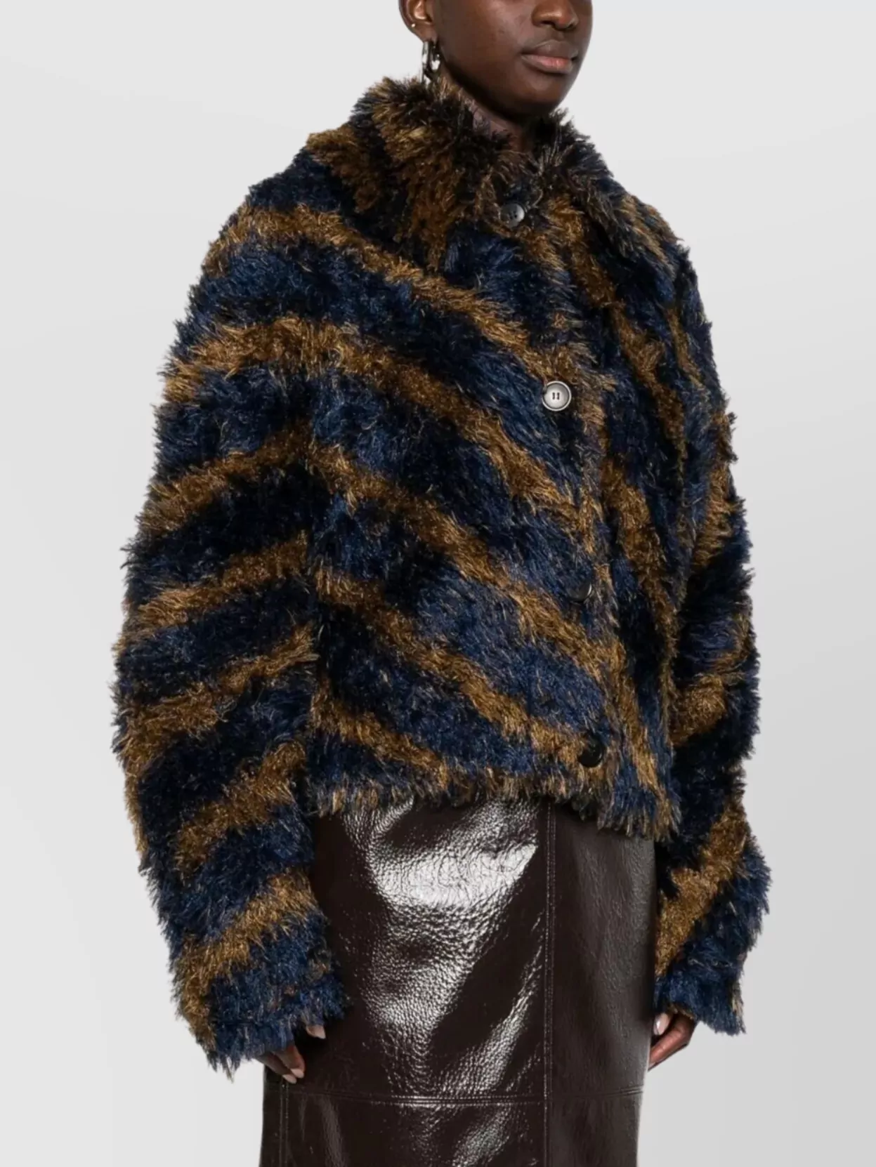 Dries Van Noten Striped Faux Fur Collared Cardigan Jacket