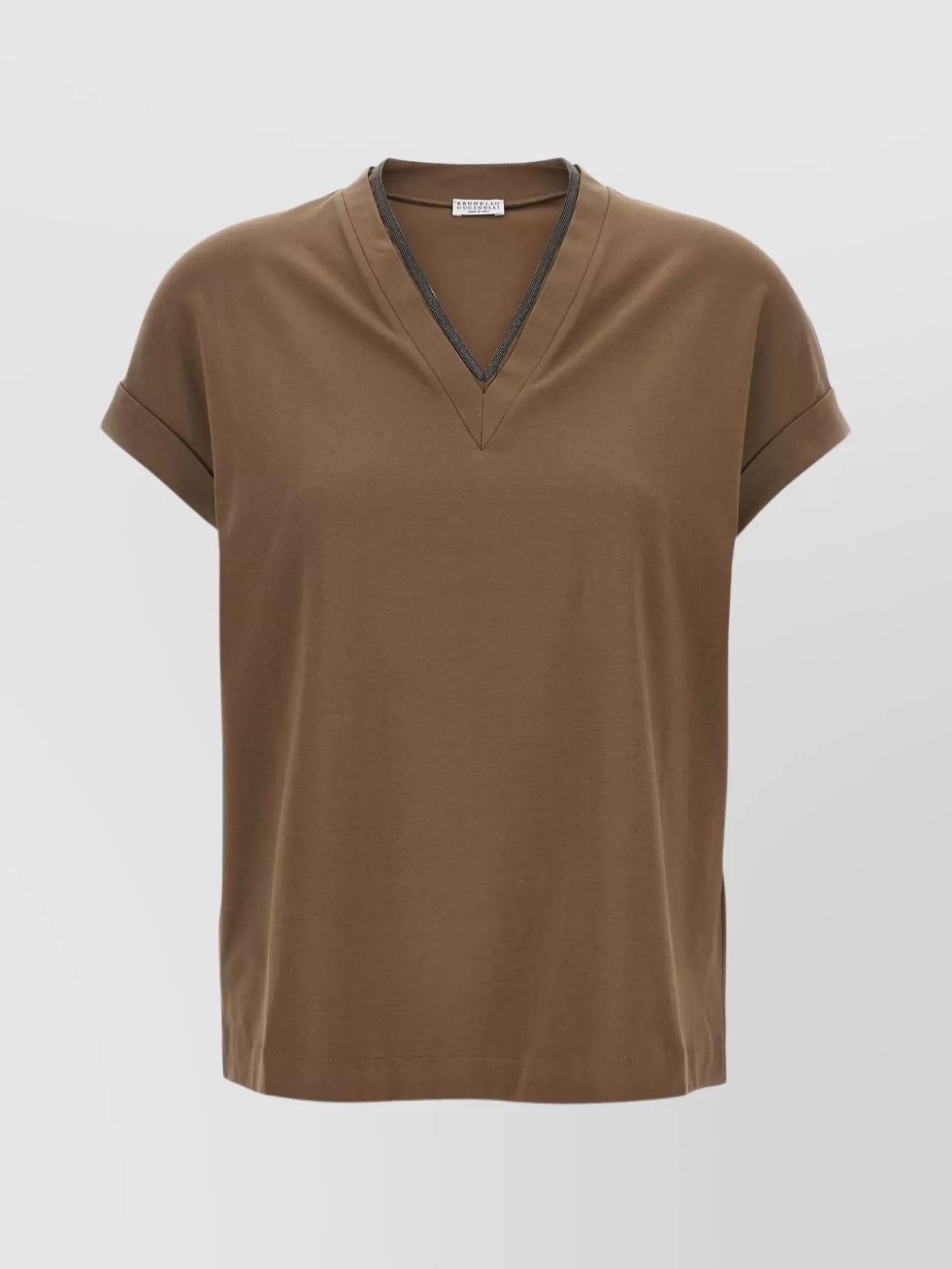 Brunello Cucinelli Rolled Cuffs V-neck Short Sleeve Top In Burgundy