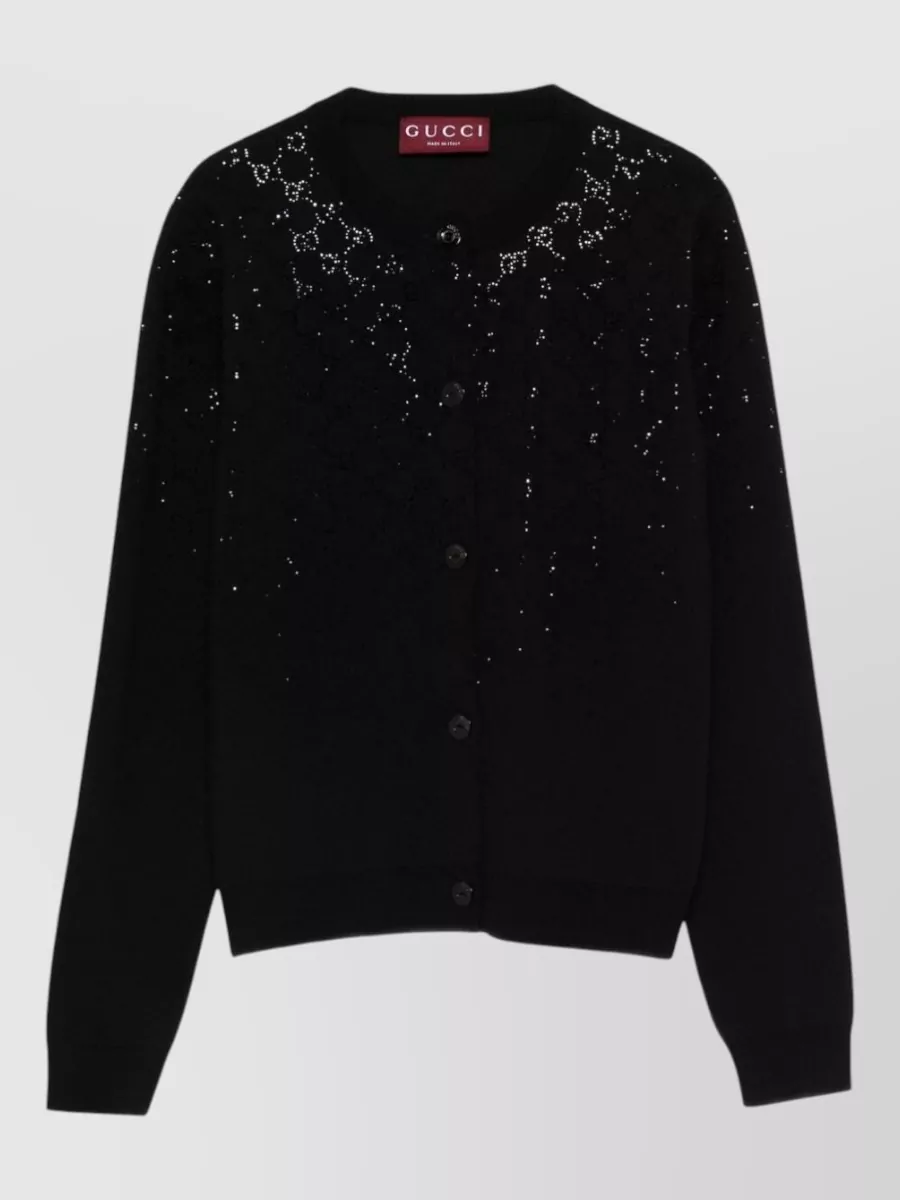 Gucci wool ribbed crystal-embellished crew-neck cardigan