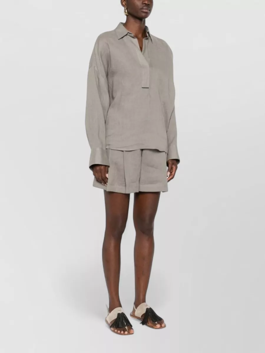 Brunello Cucinelli Linen V-Neck Long-Sleeve Shirt