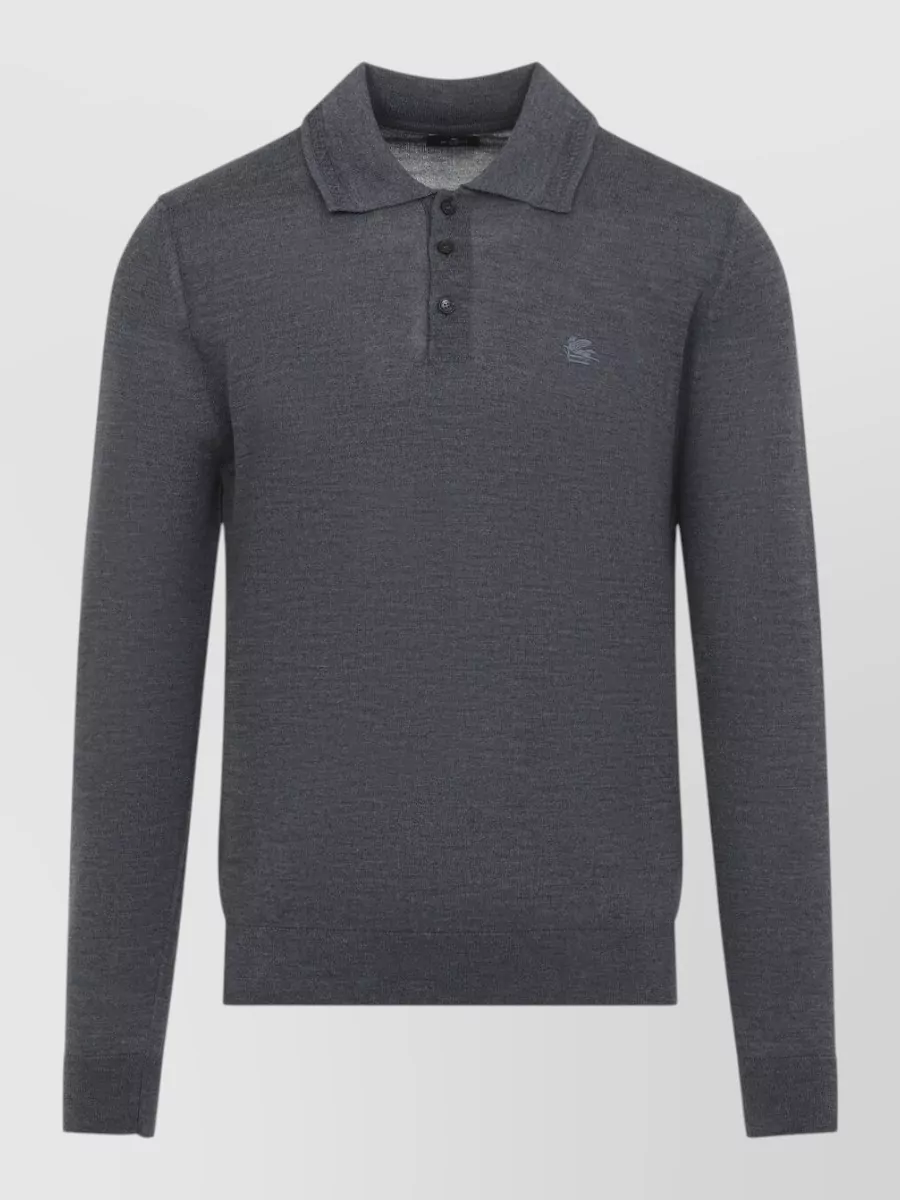 Etro wool silk fine-knit long-sleeve polo shirt