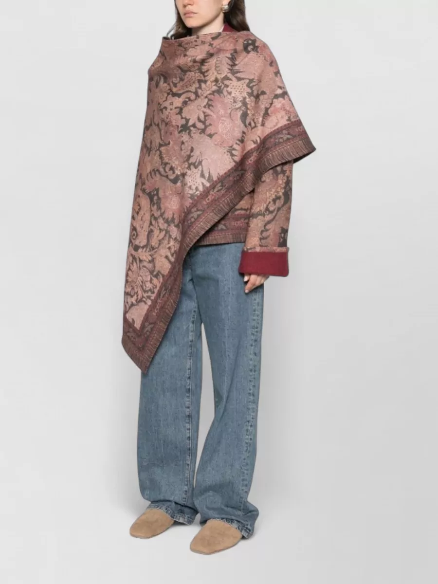 Pierre Louise Mascia Wool Floral-Print Asymmetric Draped Cape