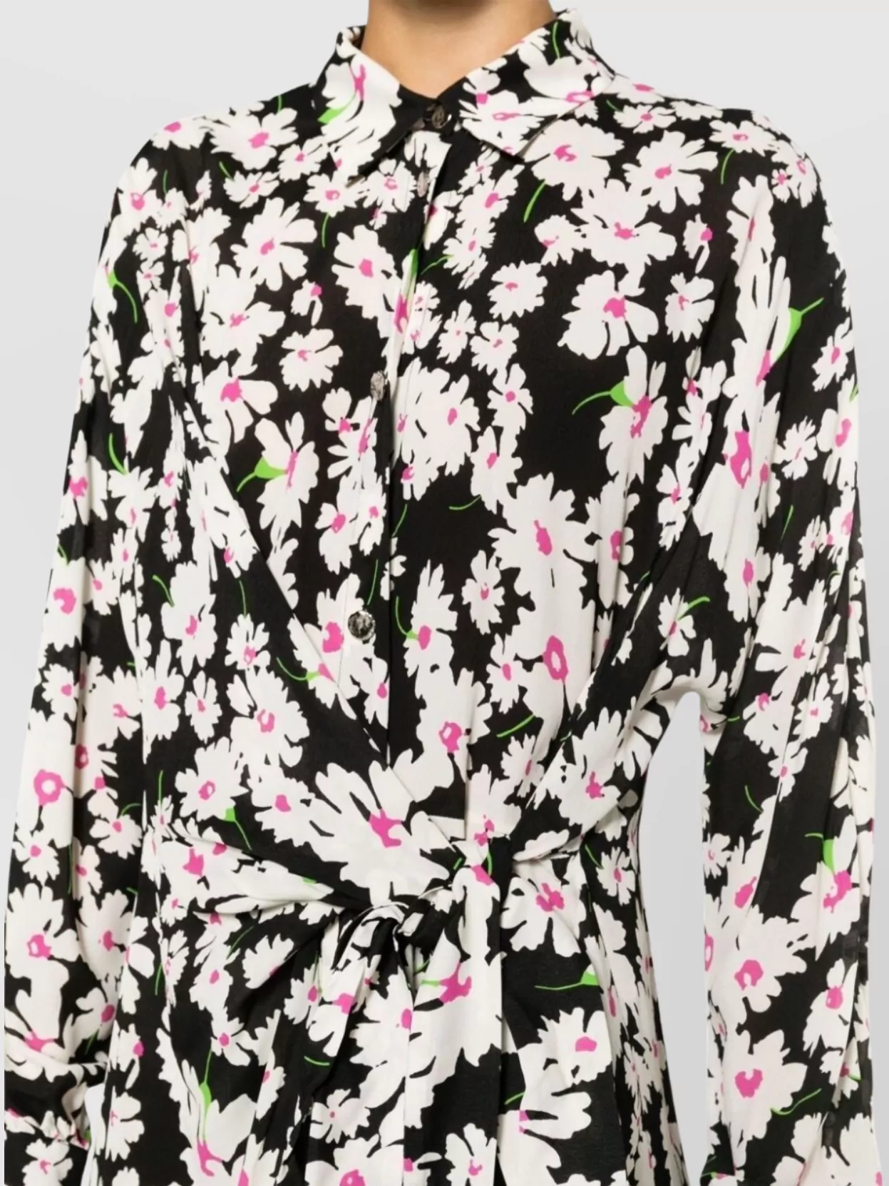 Msgm Floral Long Sleeve Dress With Waist Tie