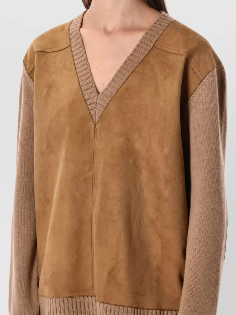 Prada Cashmere Blend Relaxed Fit Suede Panel V Neck Jumper