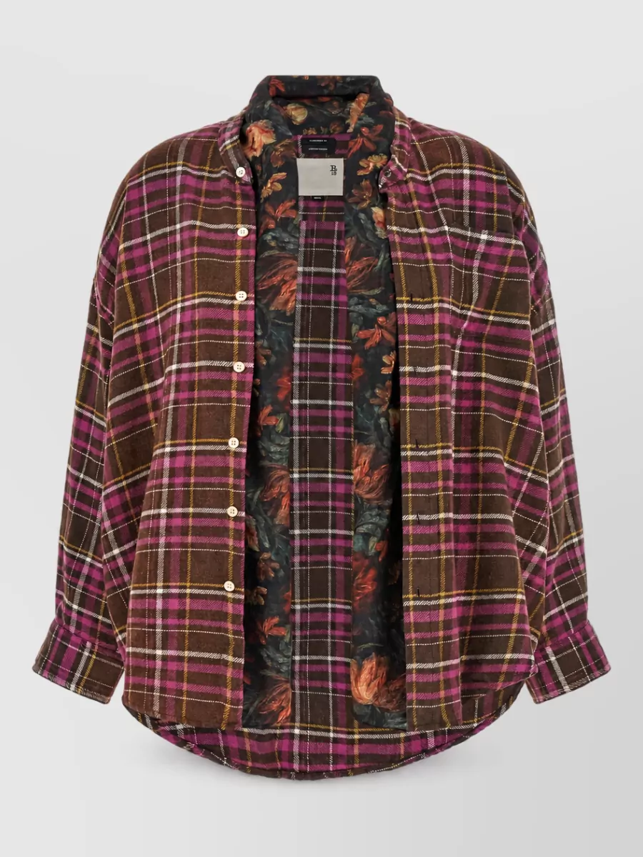 R13 Floral-Print Scarf Detail Tartan Oversized Shirt