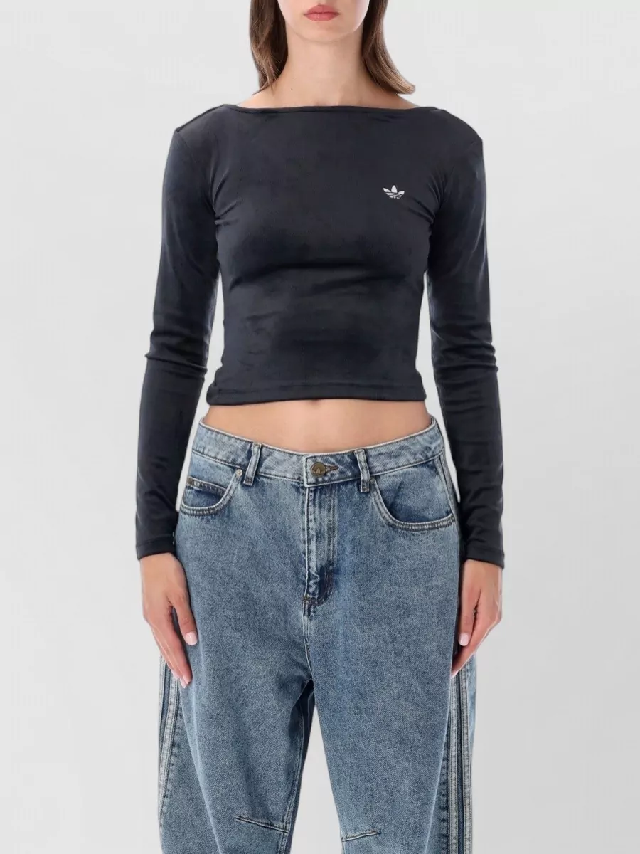 Adidas Originals velour slim-fit cropped boat neck open-back long-sleeve top
